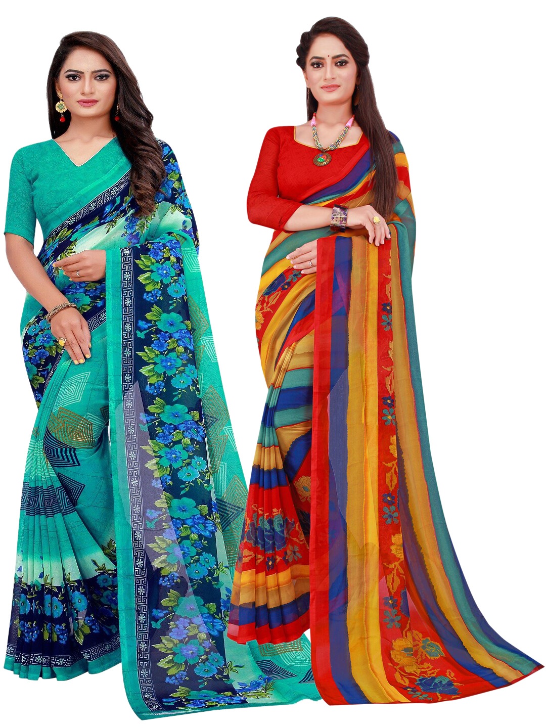 

KALINI Blue & Red Printed Pure Georgette Saree