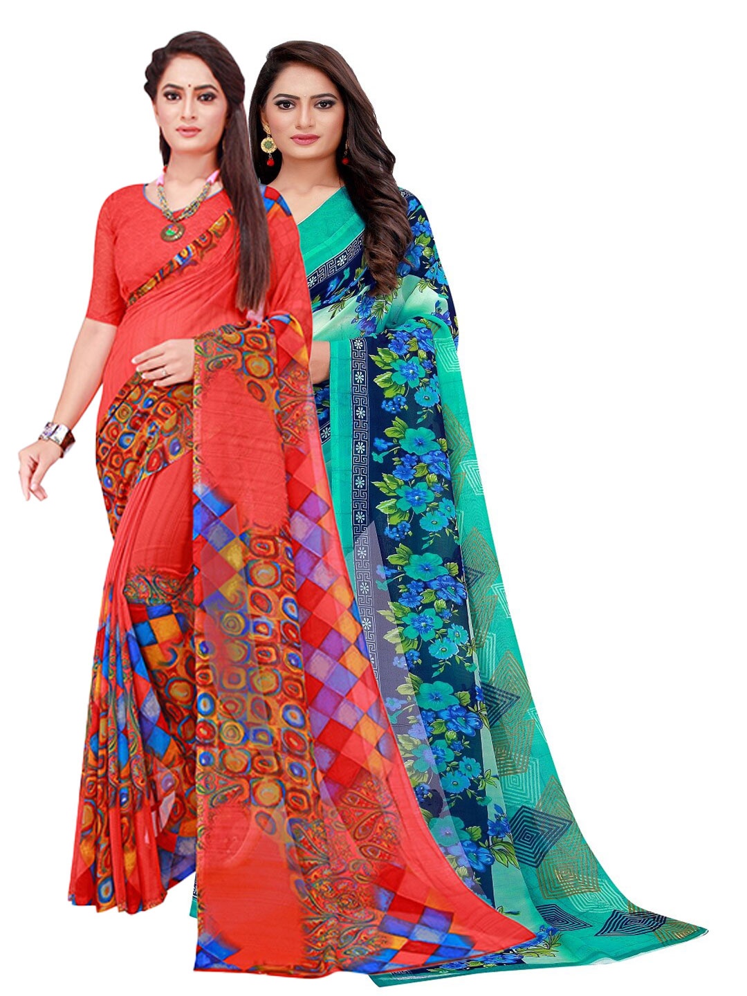 

KALINI Red & Green Printed Pure Georgette Saree