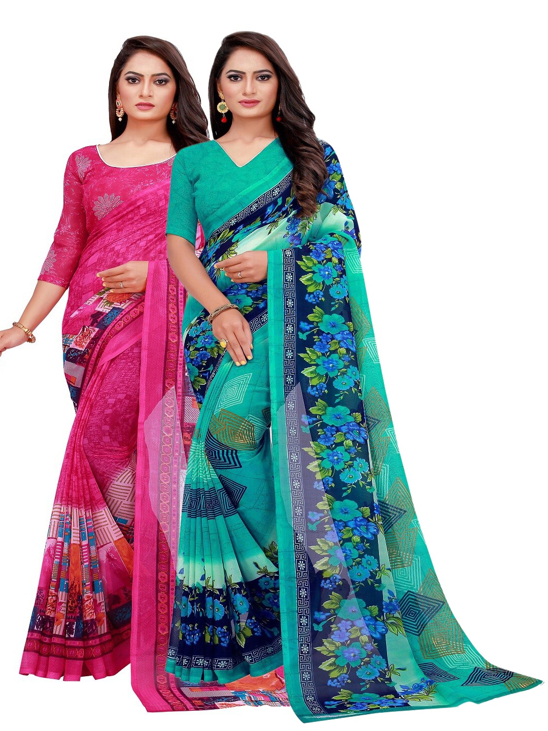 

KALINI Turquoise Blue & Magenta Printed Pure Georgette Saree