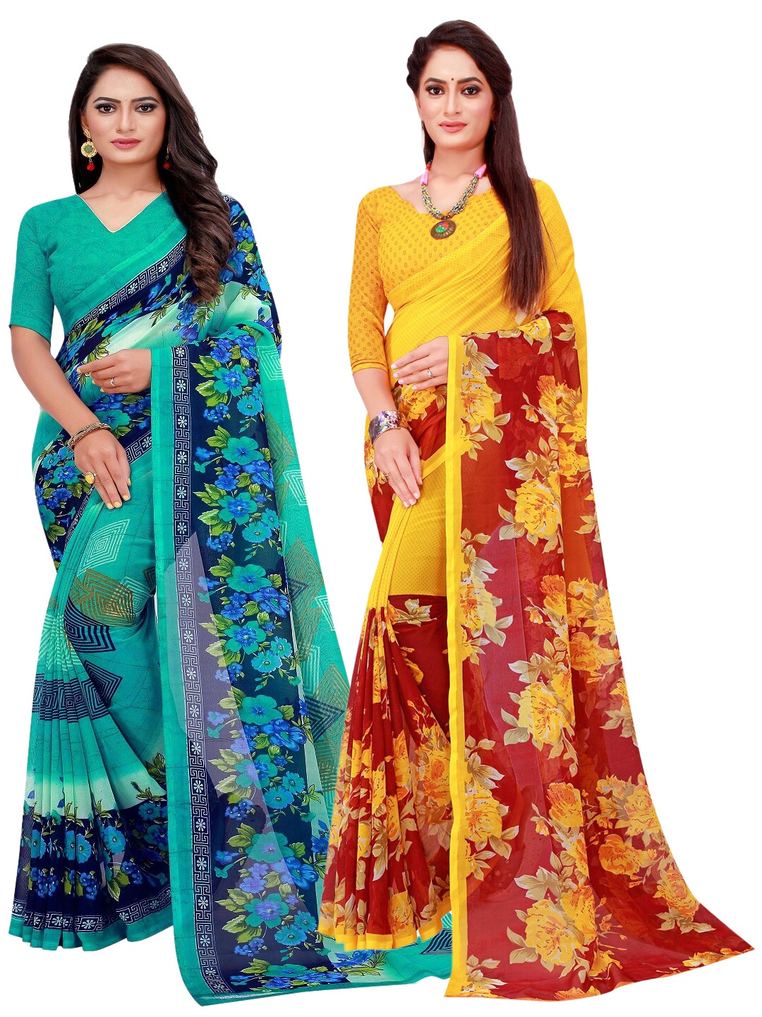 

KALINI Turquoise Blue & Yellow Printed Pure Georgette Saree