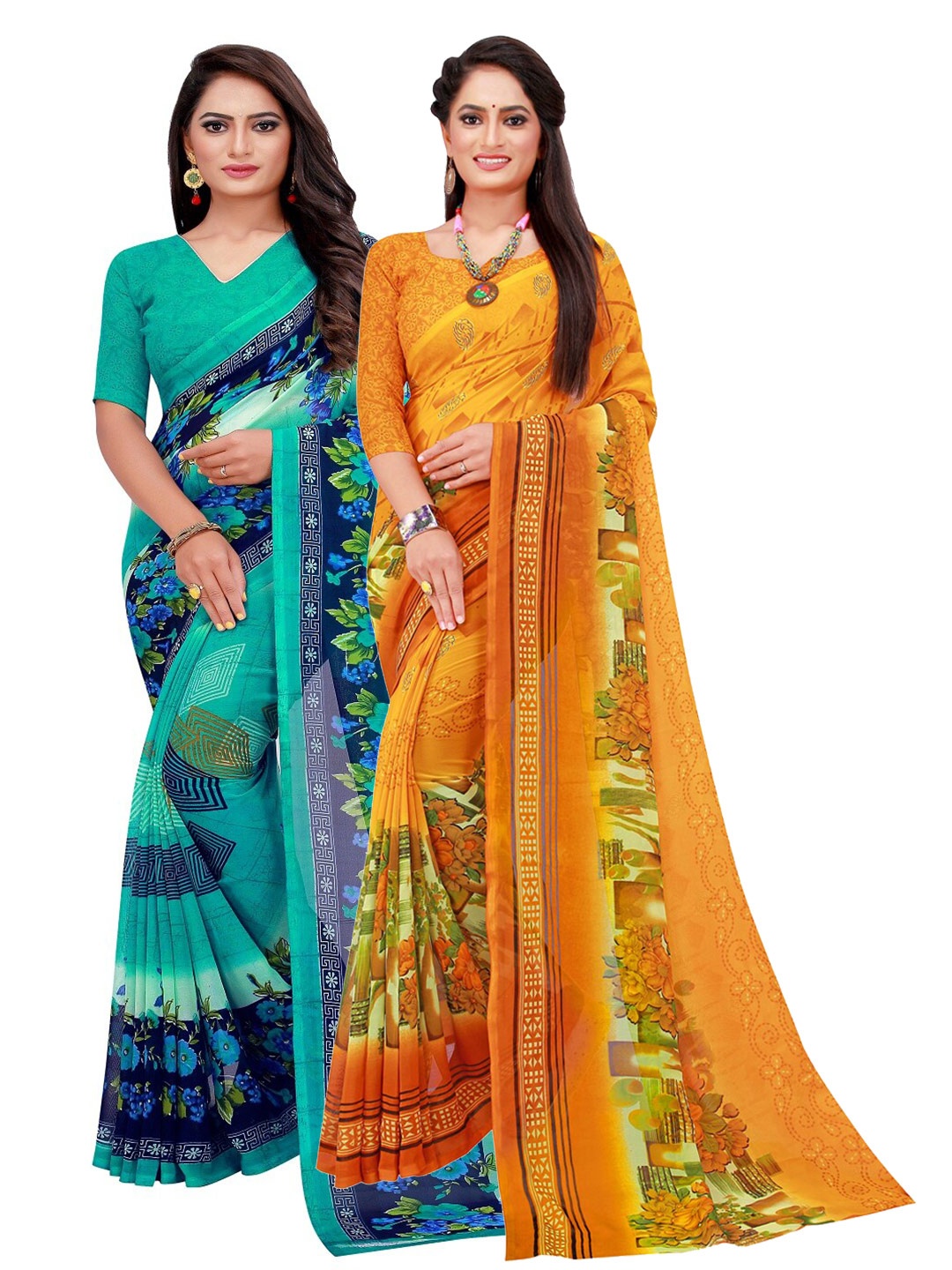 

KALINI Turquoise Blue & Yellow Printed Pure Georgette Saree