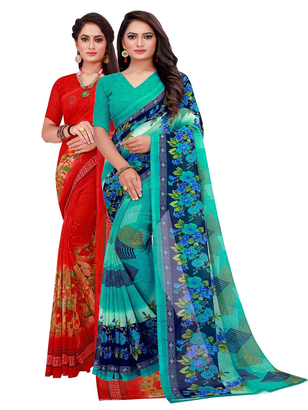 

KALINI Red & Blue Printed Pure Georgette Saree