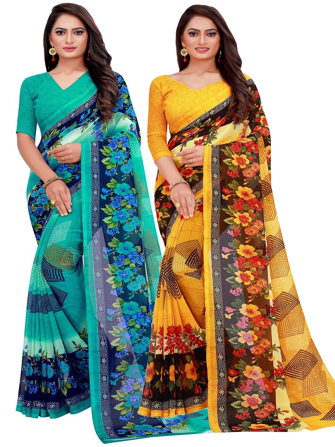 

KALINI Yellow & Turquoise Blue Printed Pure Georgette Saree