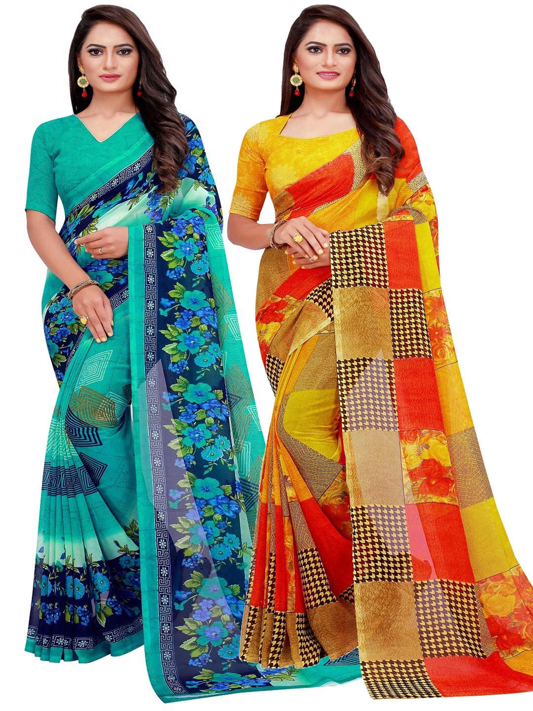 

KALINI Yellow & Turquoise Blue Printed Pure Georgette Saree