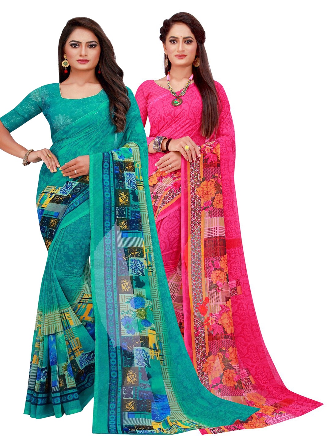 

KALINI Magenta & Green Printed Pure Georgette Saree