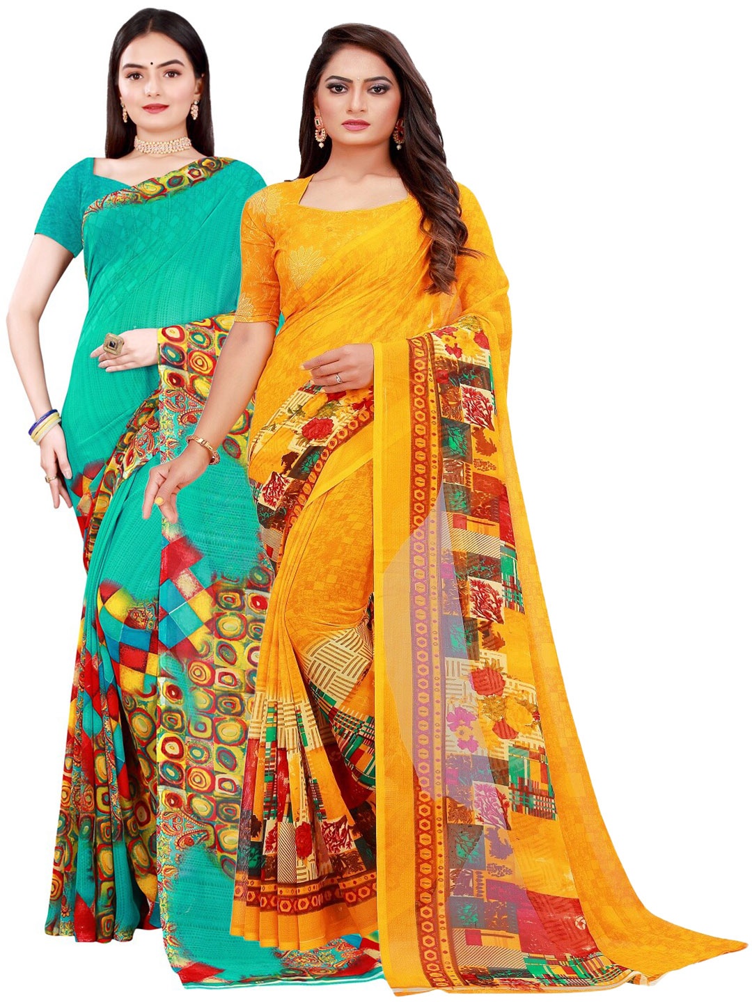 

KALINI Yellow & Turquoise Blue Printed Pure Georgette Saree