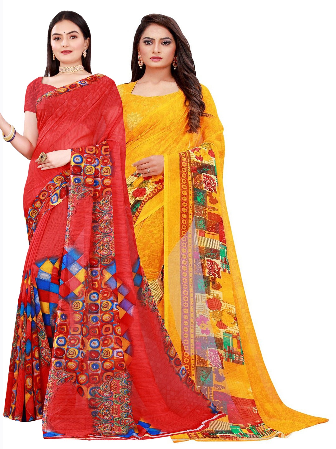 

KALINI Red & Yellow Printed Pure Georgette Saree
