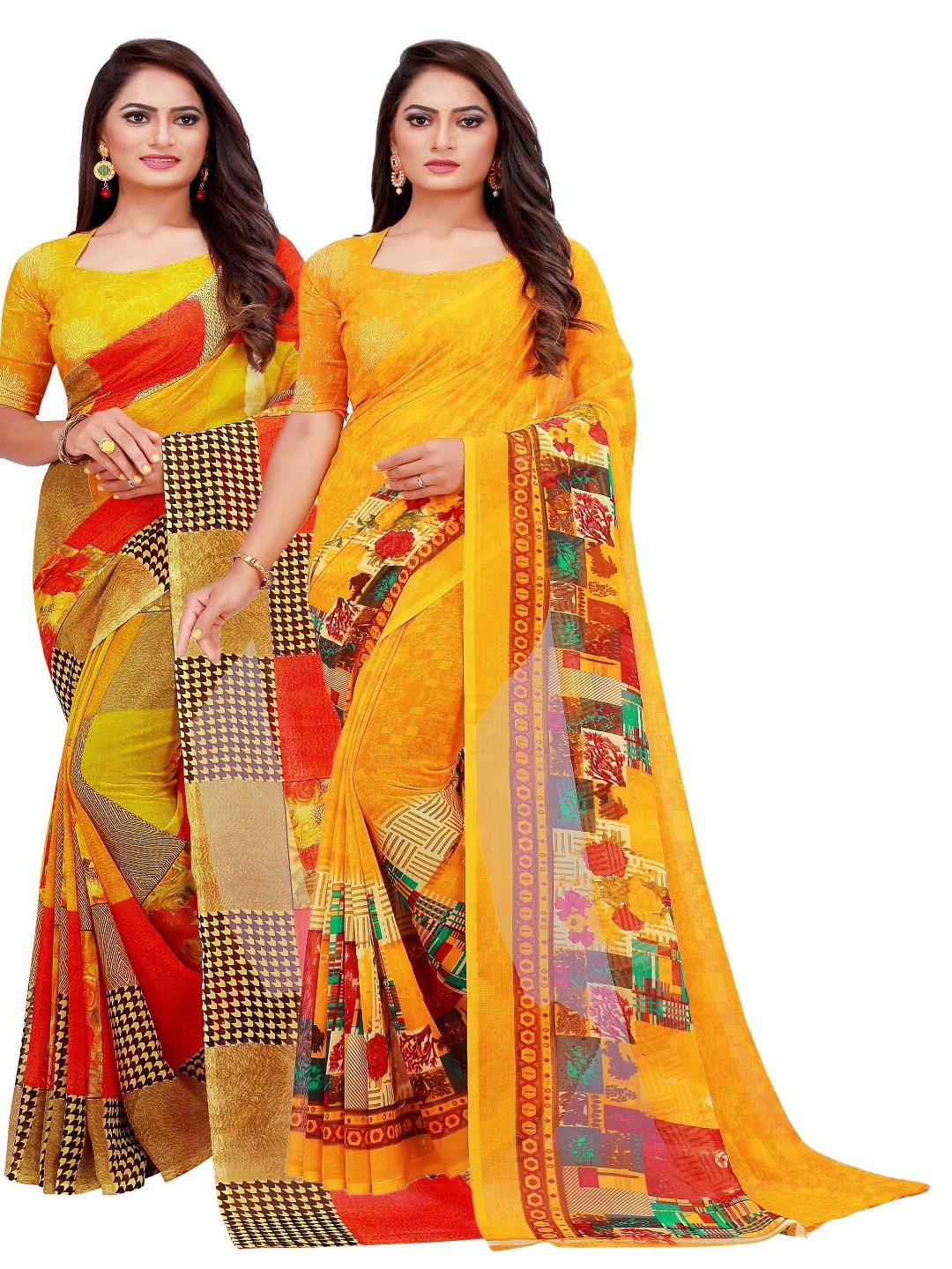 

KALINI Yellow & Red Printed Pure Georgette Saree