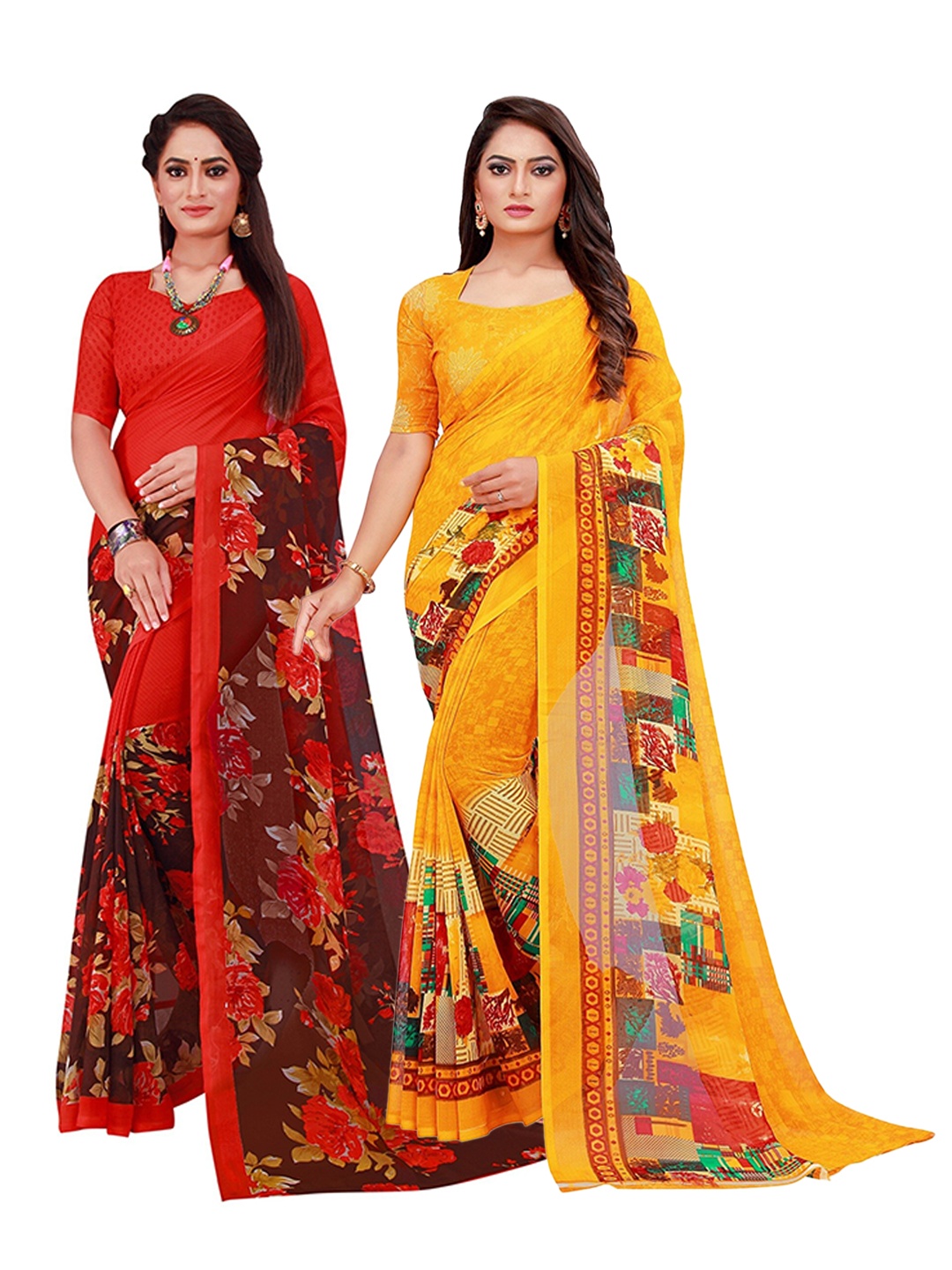 

KALINI Yellow & Red Printed Pure Georgette Saree