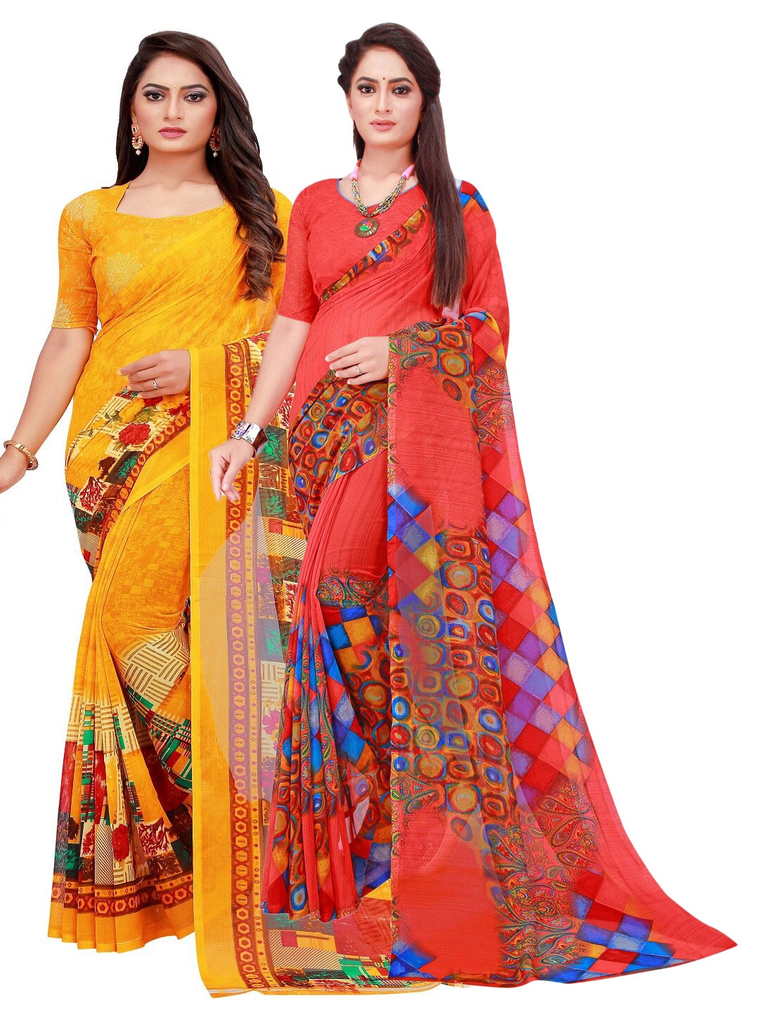 

KALINI Red & Yellow Printed Pure Georgette Saree