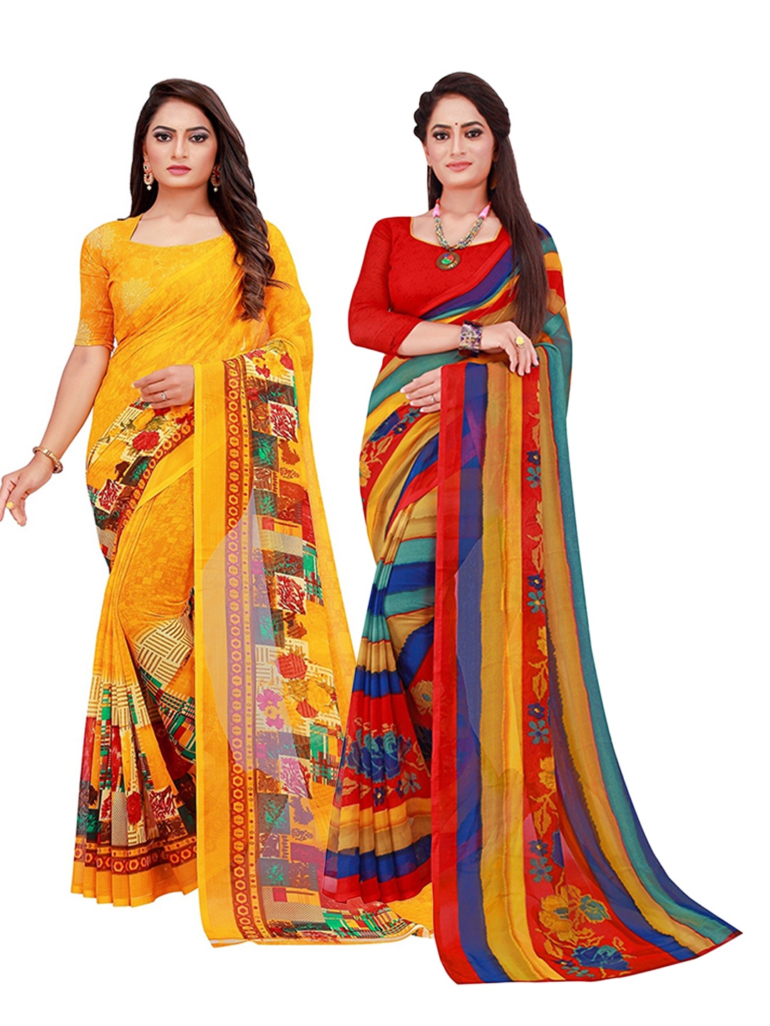 

KALINI Red & Yellow Printed Pure Georgette Saree