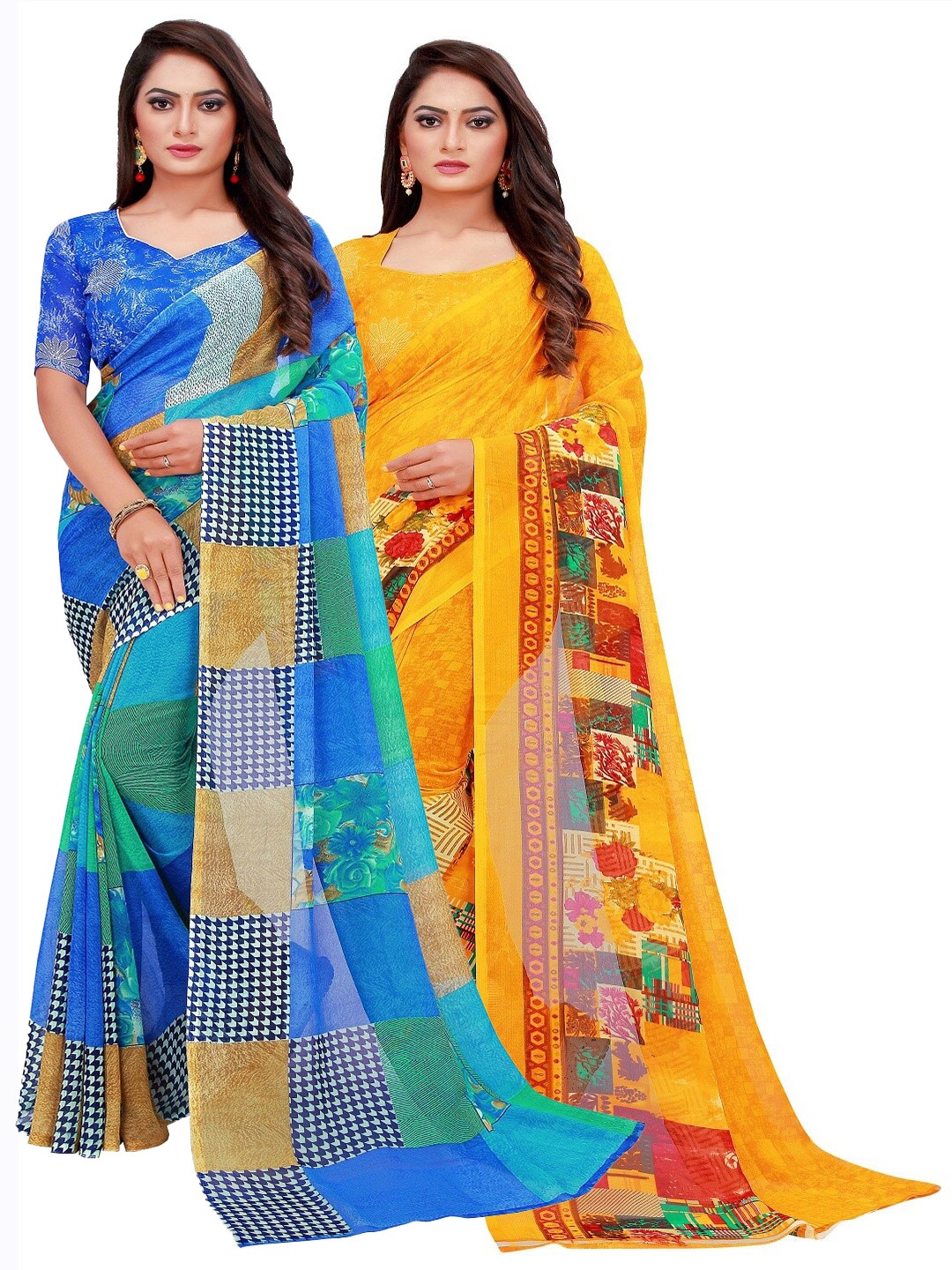 

KALINI Blue & Yellow Printed Pure Georgette Saree