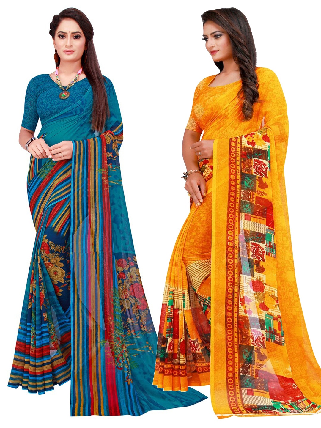 

KALINI Yellow & Blue Printed Pure Georgette Saree