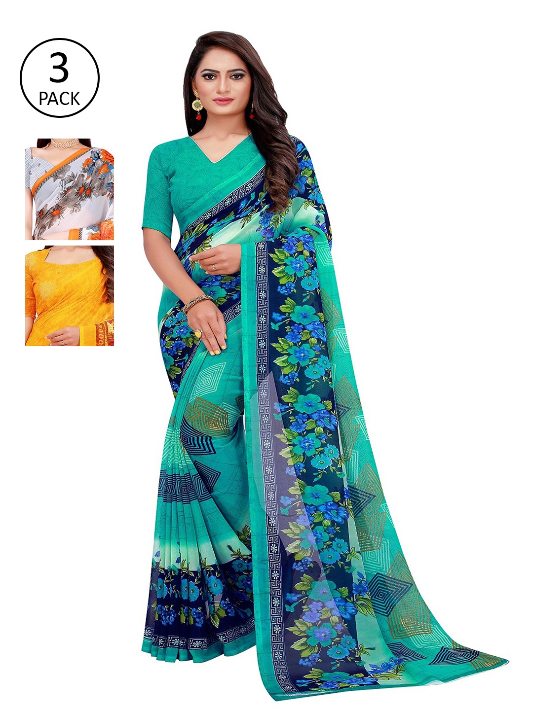 

KALINI Yellow & Teal Printed Pure Georgette Saree