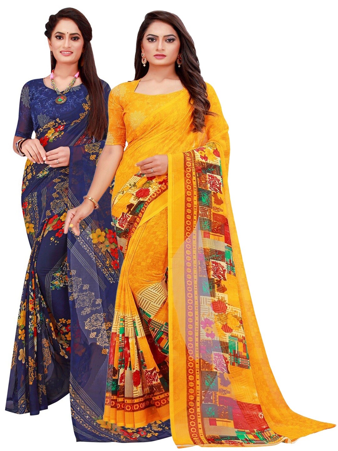 

KALINI Yellow & Navy Blue Printed Pure Georgette Saree