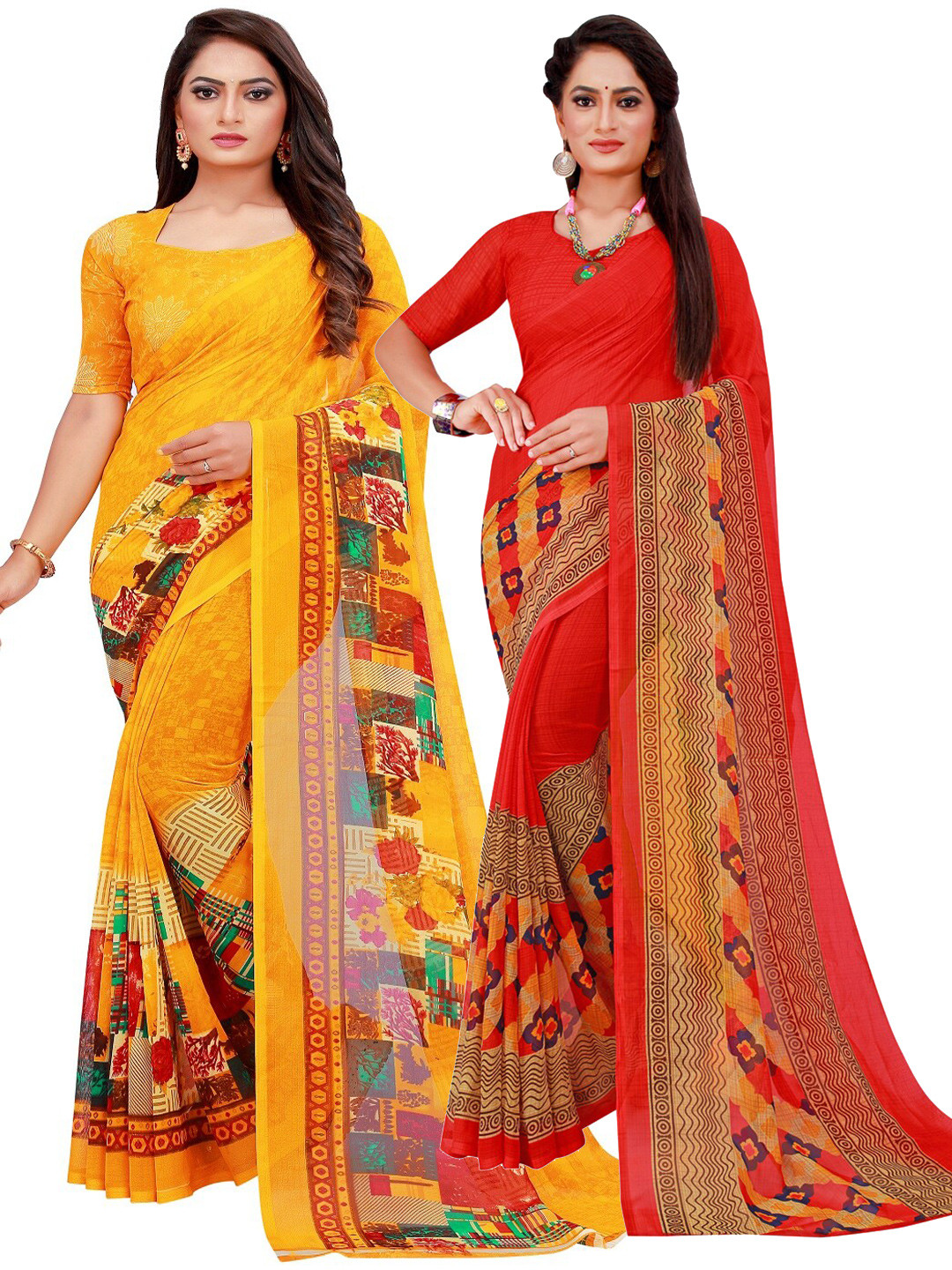 

KALINI Red & Yellow Printed Pure Georgette Saree