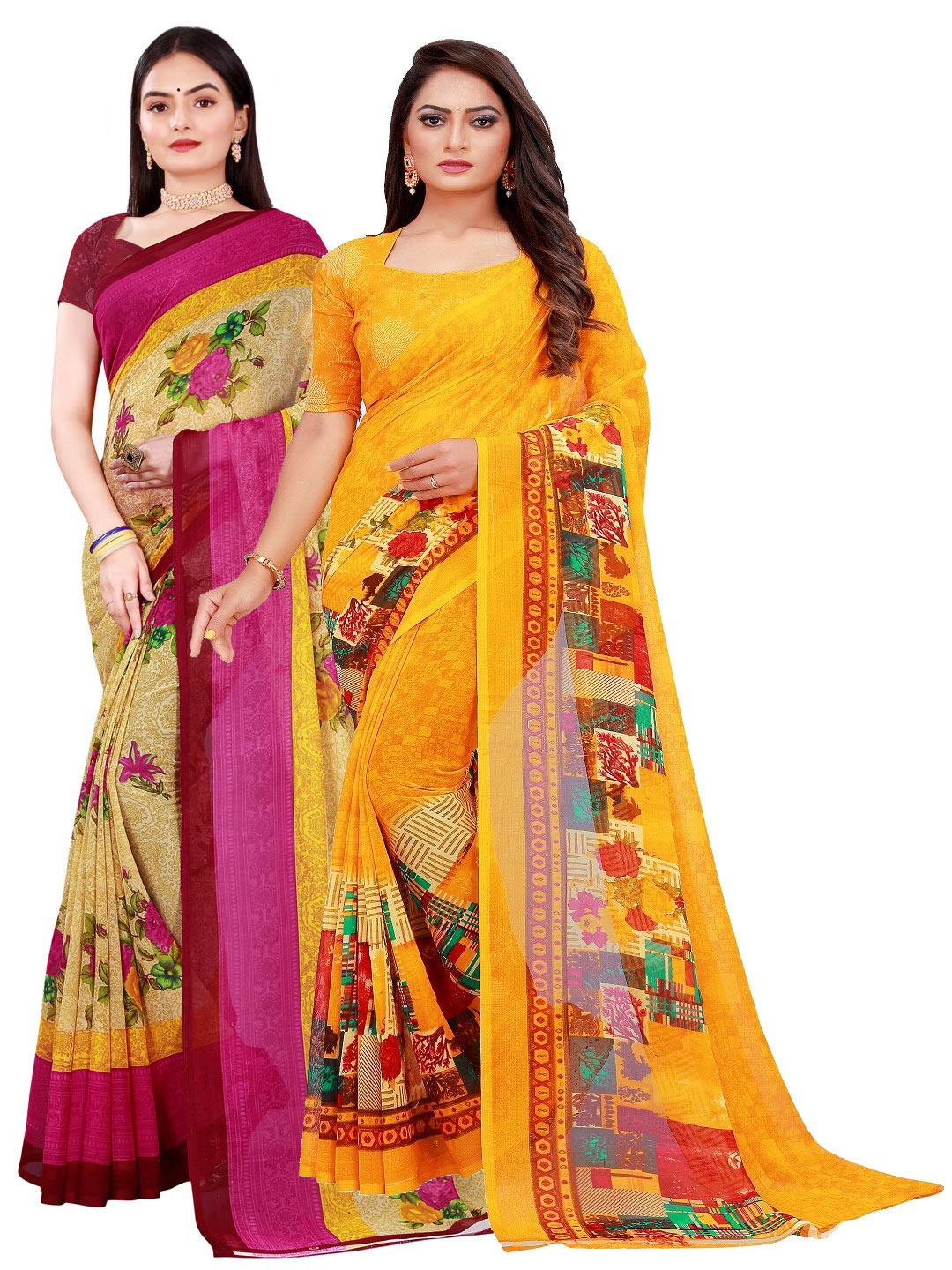 

KALINI Pack of 2 Beige & Yellow Printed Pure Georgette Sarees
