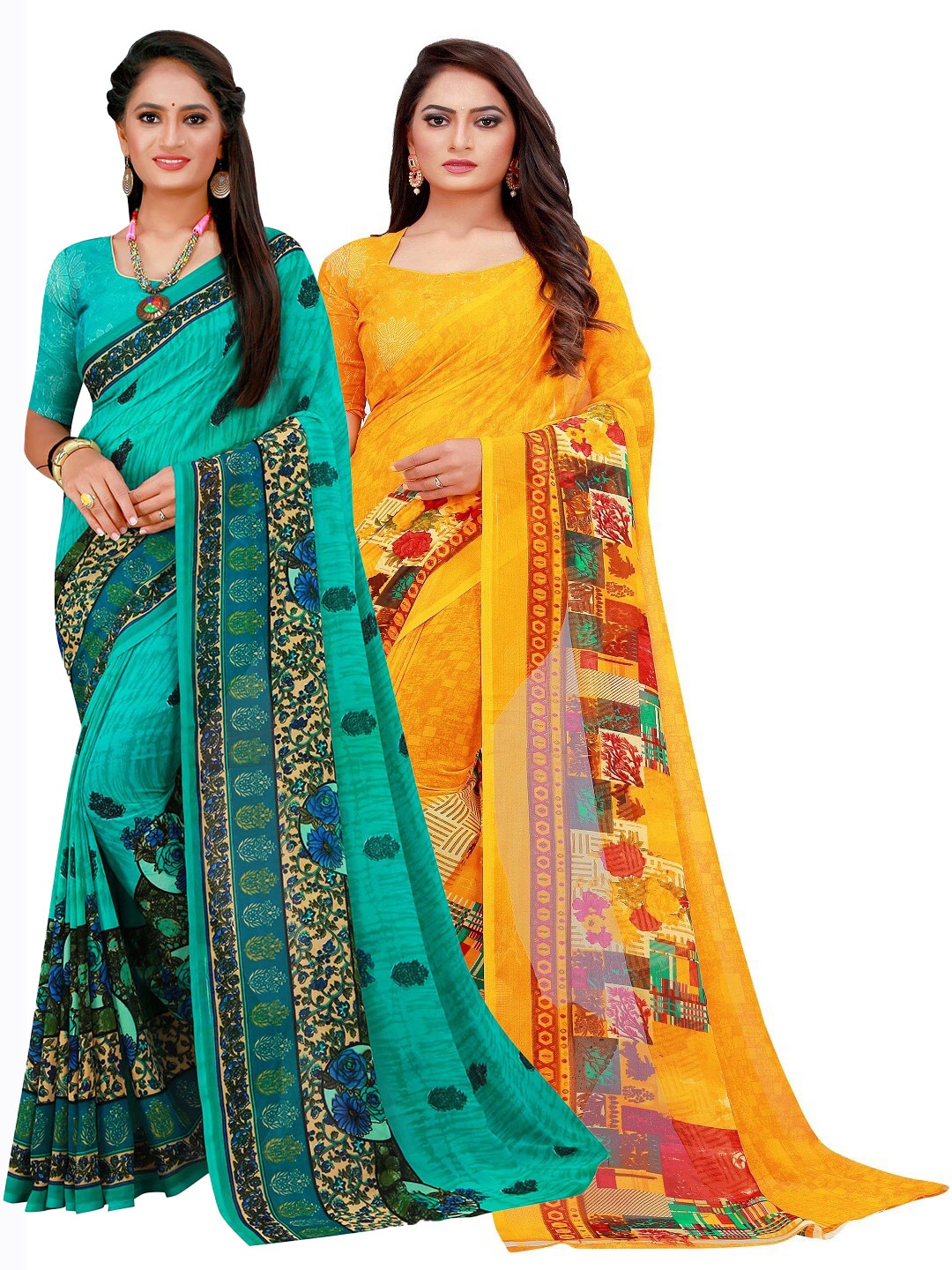 

KALINI Pack of 2 Pure Georgette Sarees, Yellow