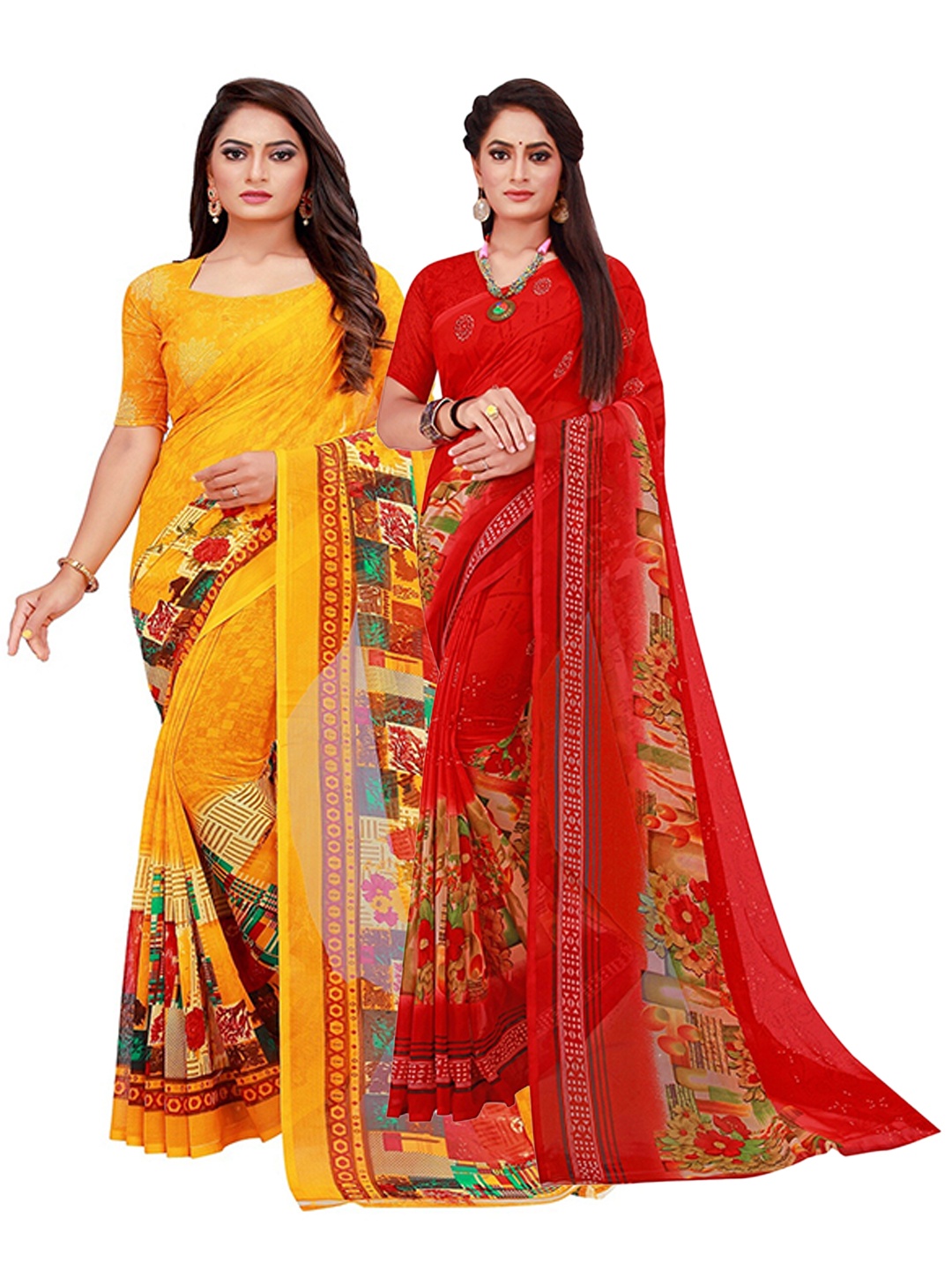 

KALINI Pack of 2 Red & Yellow Printed Pure Georgette Saree