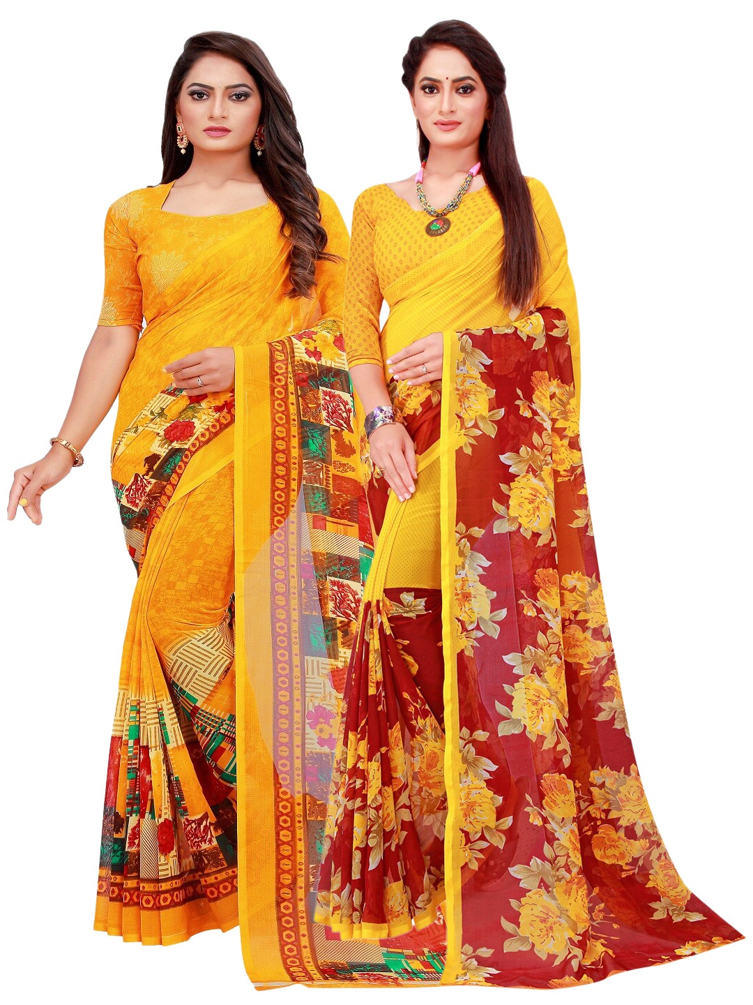 

KALINI Pack of 2 Pure Georgette Sarees, Yellow