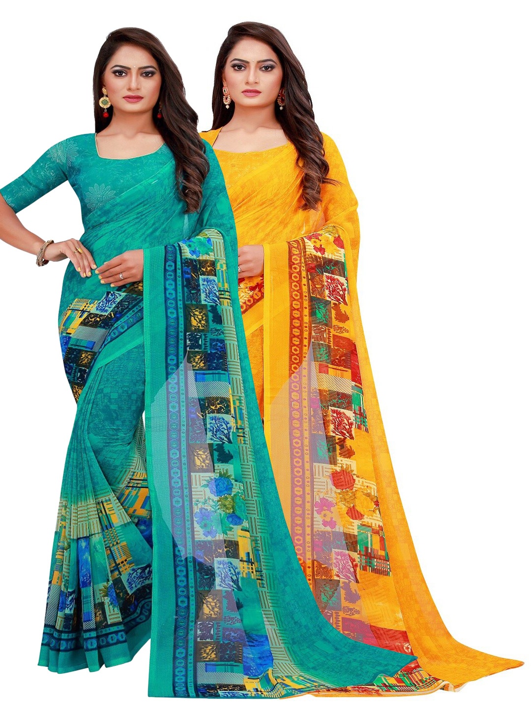 

KALINI Pack of 2 Turquoise Blue & Yellow Printed Pure Georgette Saree