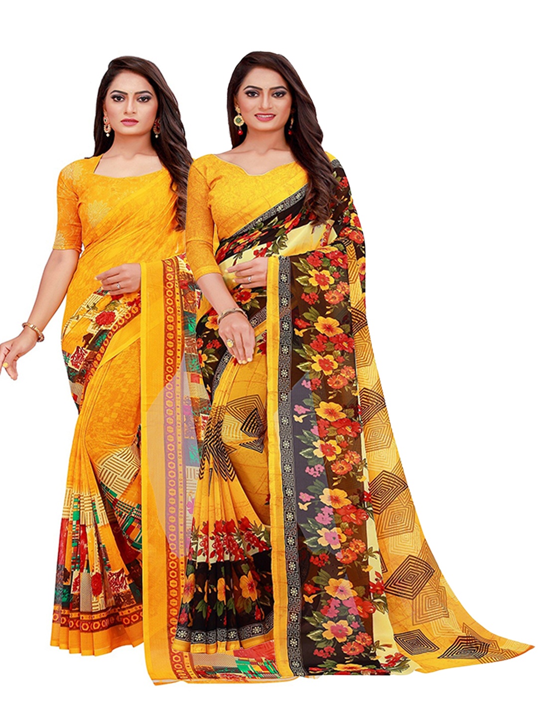 

KALINI Pack of 2 Pure Georgette Sarees, Yellow
