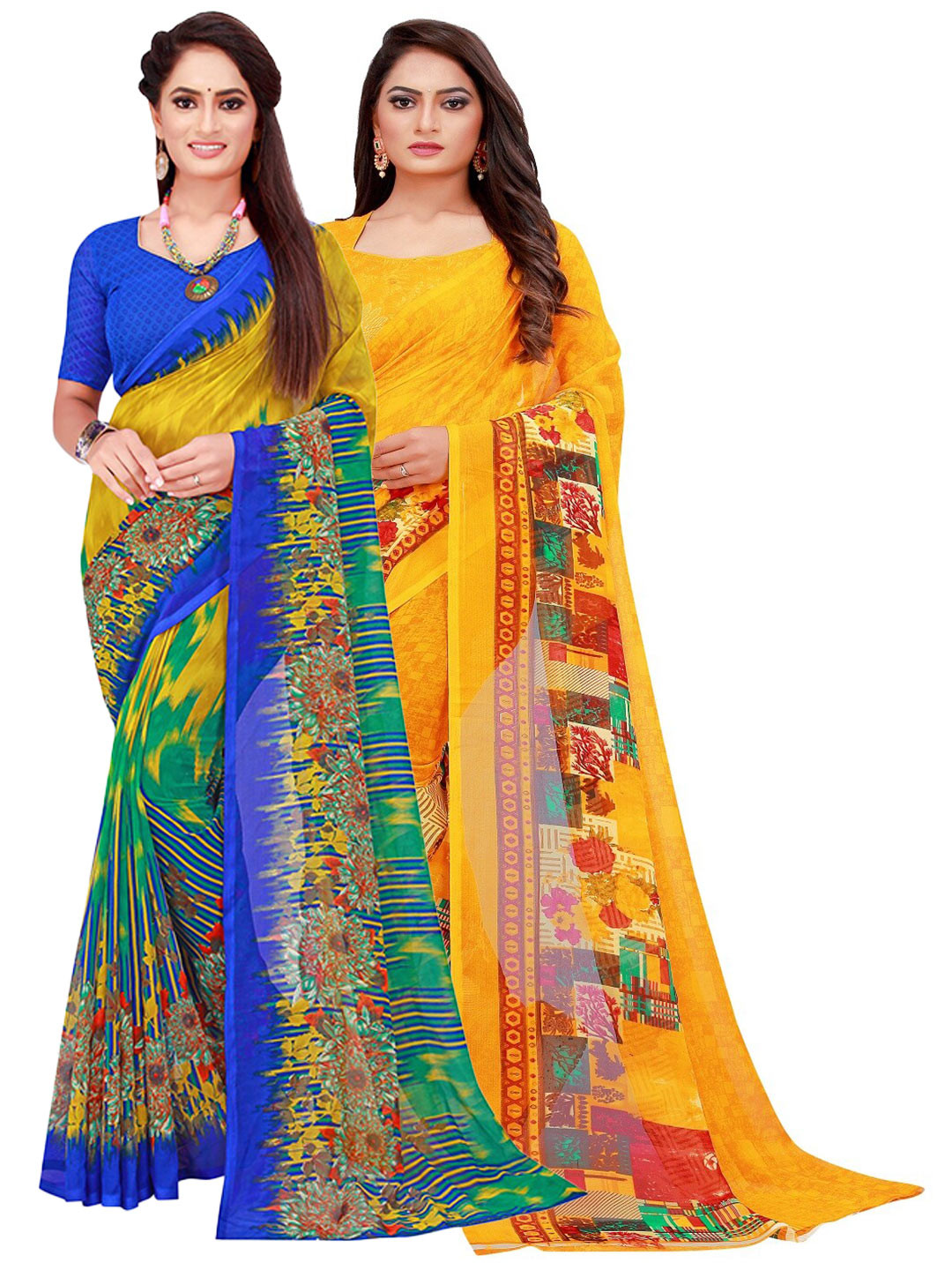 

KALINI Pack of 2 Yellow & Blue Printed Pure Georgette Saree