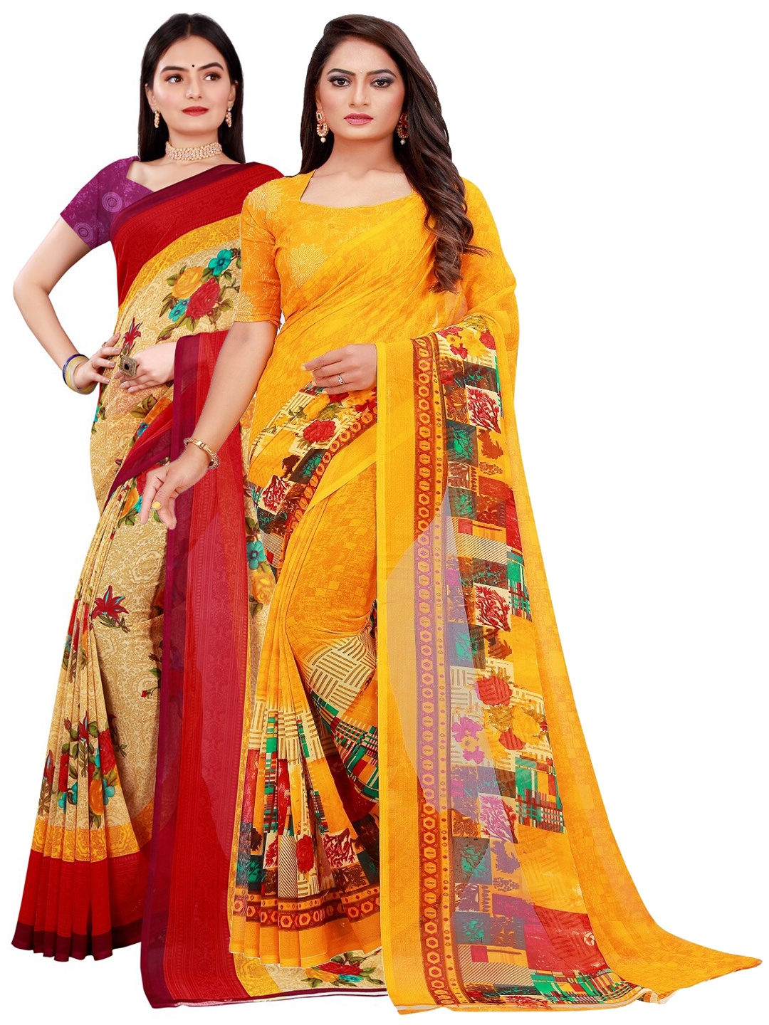 

KALINI Pack of 2 Beige & Yellow Printed Pure Georgette Saree