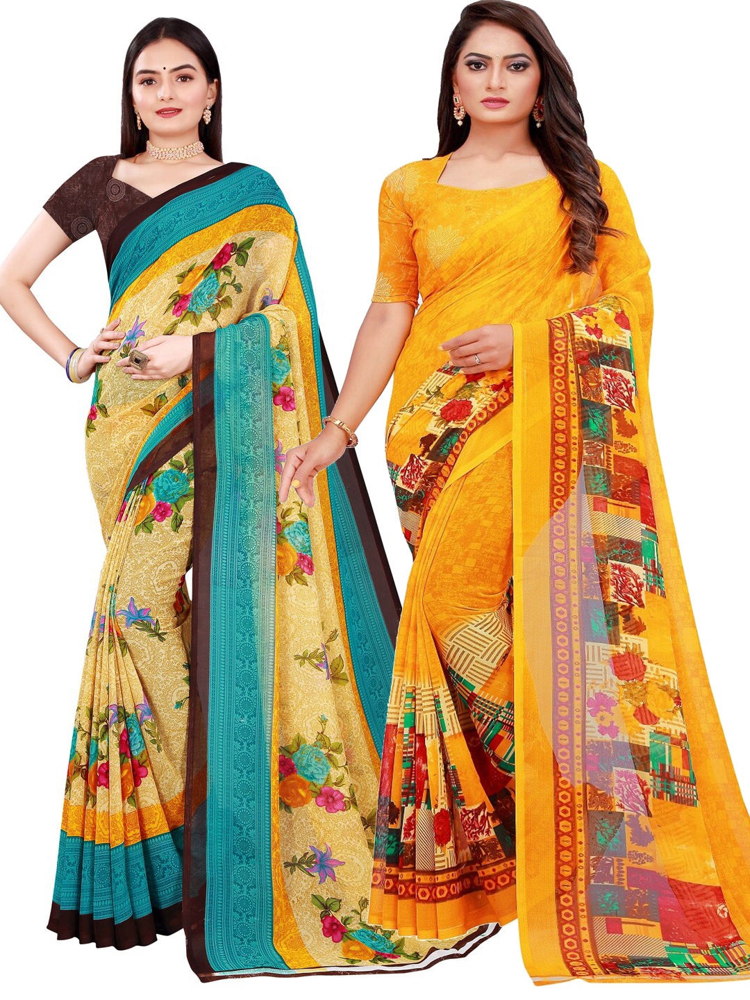 

KALINI Pack of 2 Yellow & Beige Printed Pure Georgette Saree