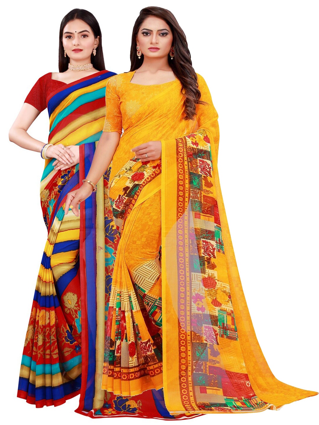 

KALINI Pack of 2 Pure Georgette Sarees, Yellow