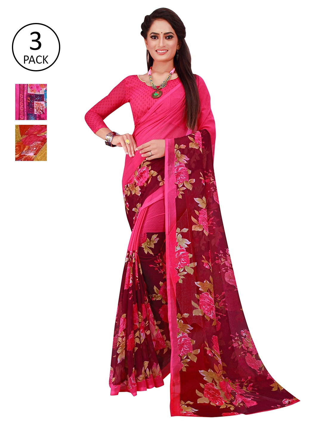 

KALINI Pack of 3 Pure Georgette Sarees, Magenta