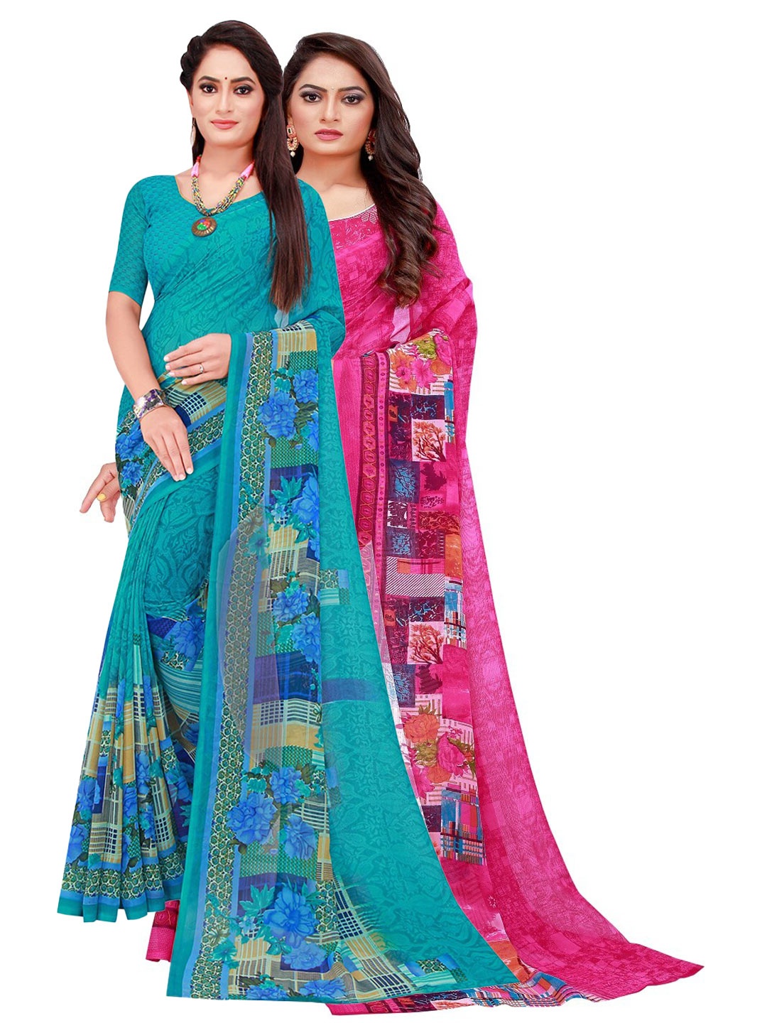 

KALINI Pack of 2 Turquoise Blue & Magenta Printed Pure Georgette Saree