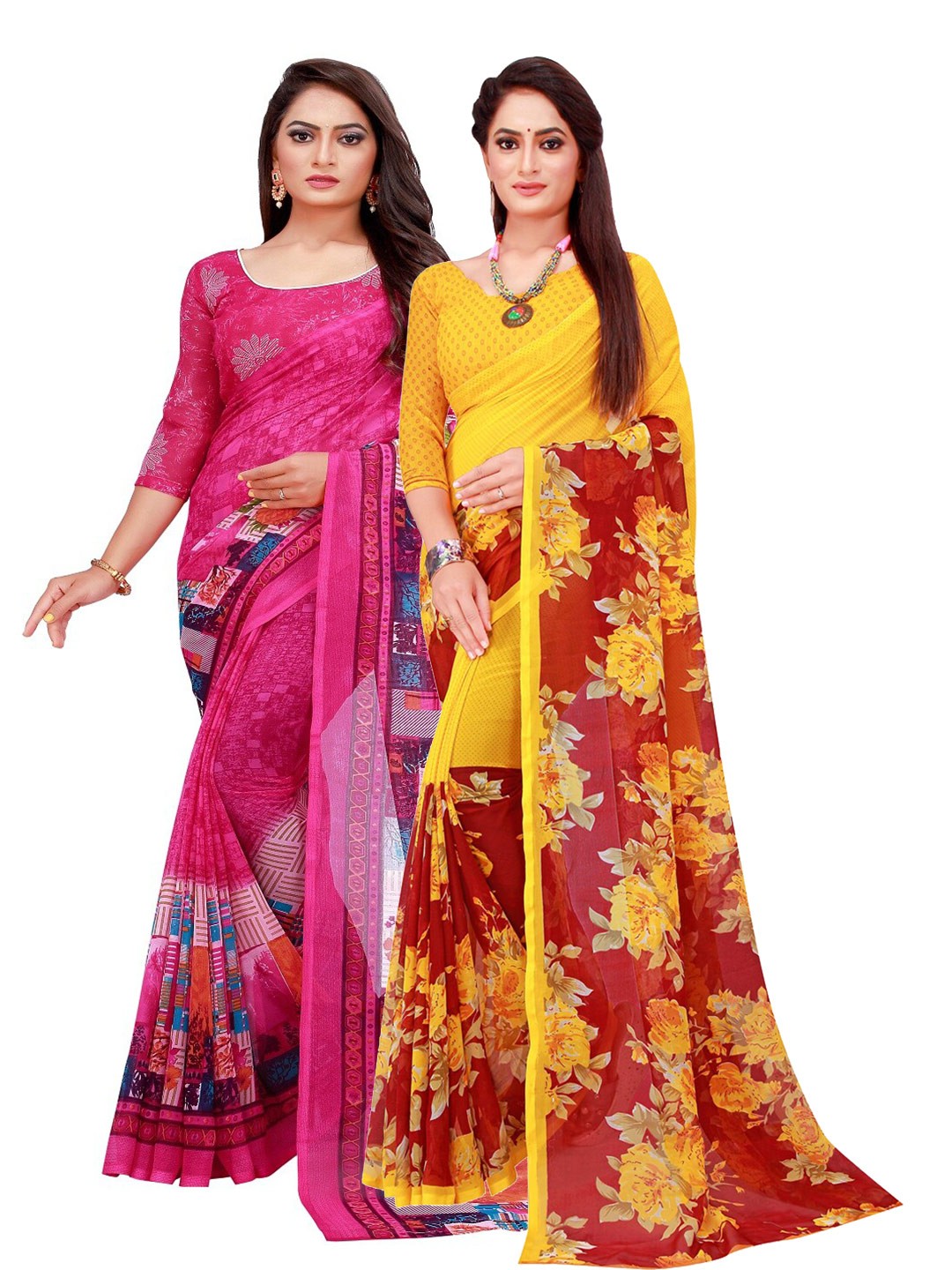 

KALINI Pack Of 2 Pink & Yellow Floral Georgette Saree