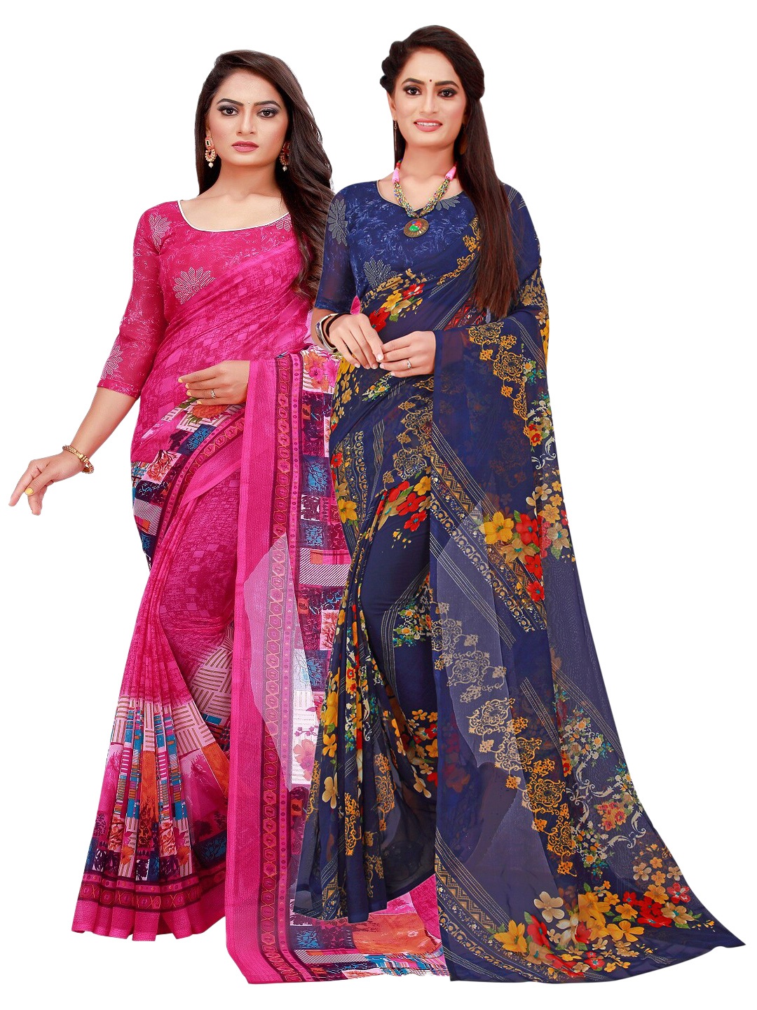 

KALINI Pack Of 2 Pink & Navy Blue Floral Georgette Saree