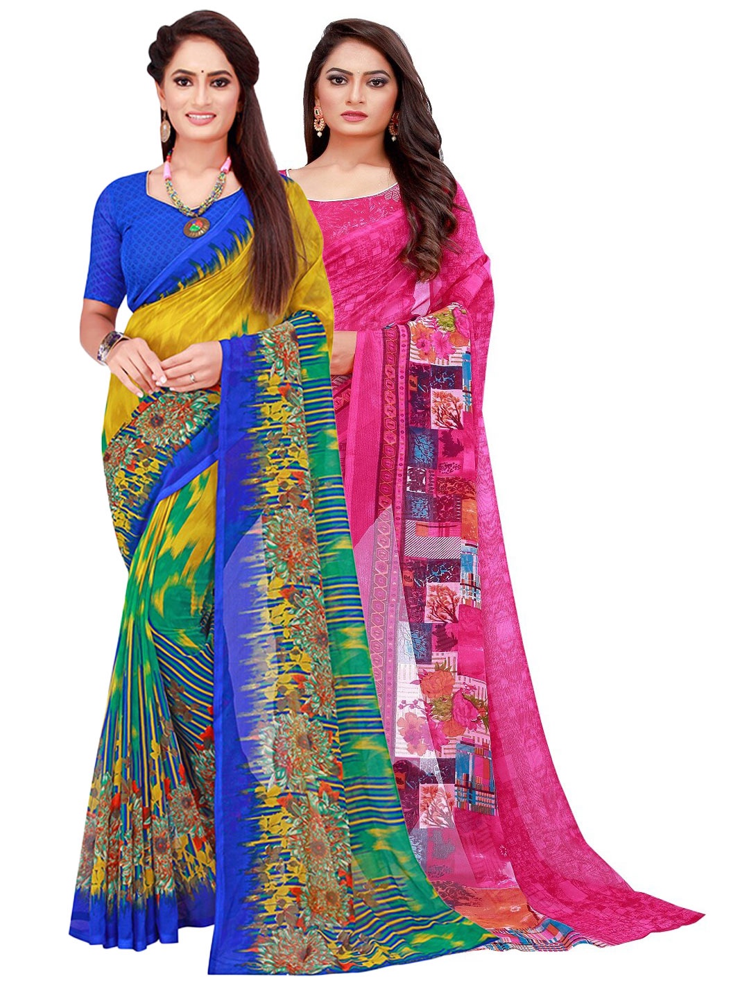 

KALINI Pack of 2 Magenta & Camel Brown Printed Pure Georgette Saree