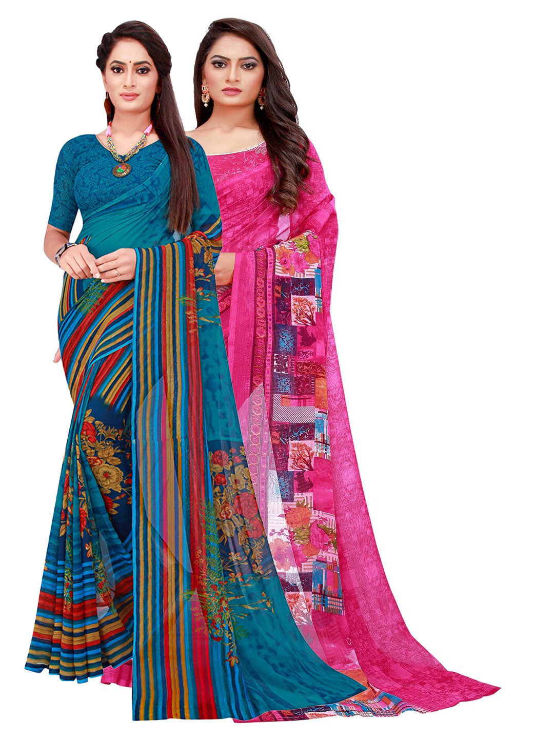 

KALINI Pack Of 2 Magenta & Blue Floral Georgette Saree