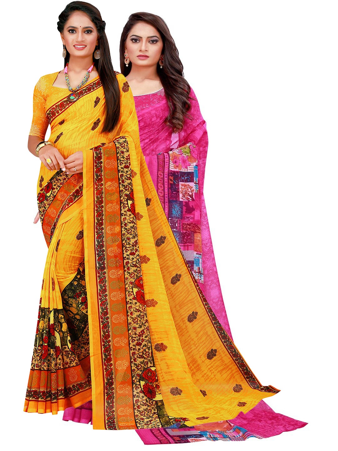 

KALINI Pack of 2 Magenta & Yellow Printed Pure Georgette Saree