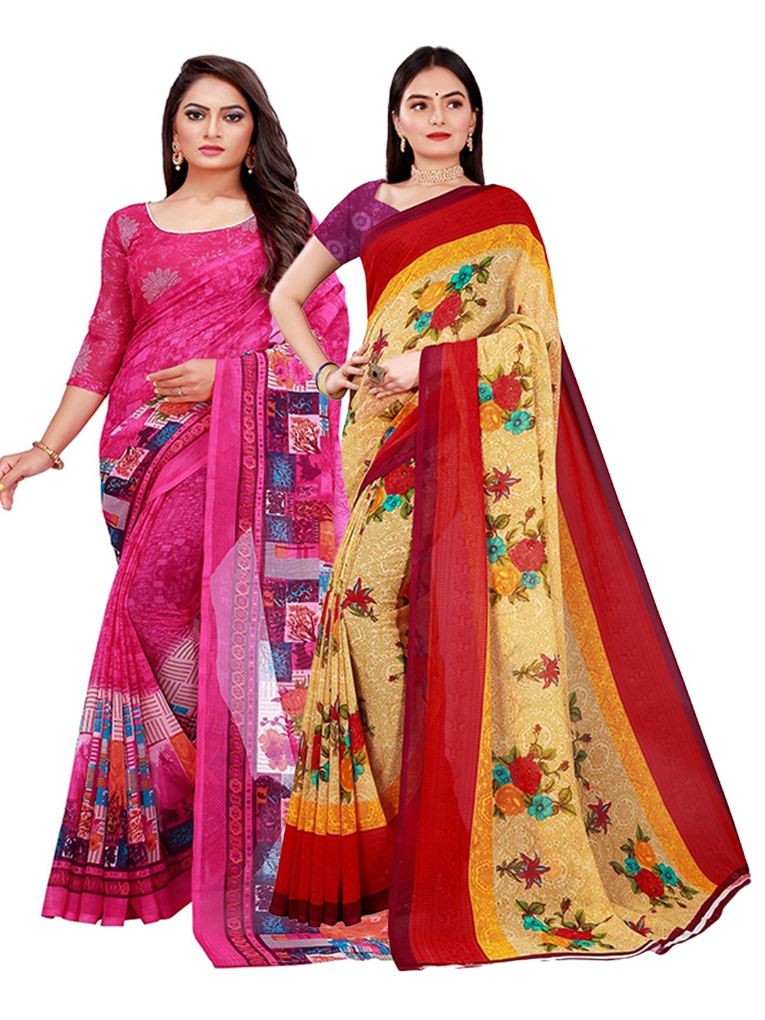 

KALINI Pack Of 2 Beige & Magenta Floral Georgette Saree