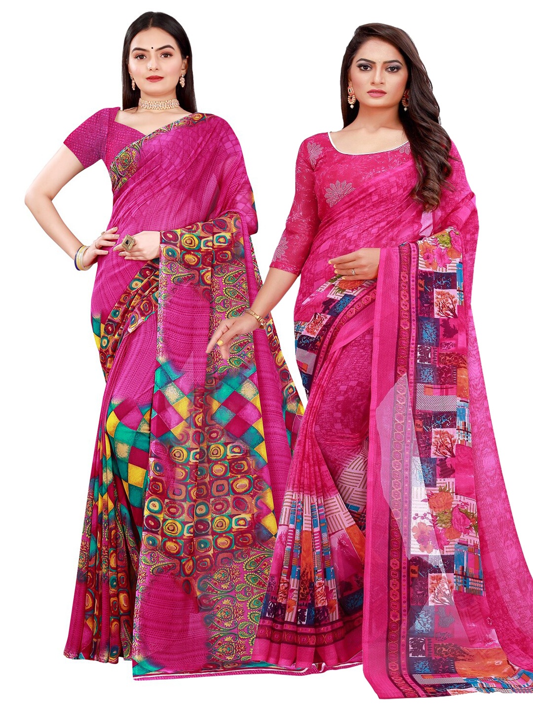 

KALINI Pack Of 2 Magenta & Green Georgette Saree