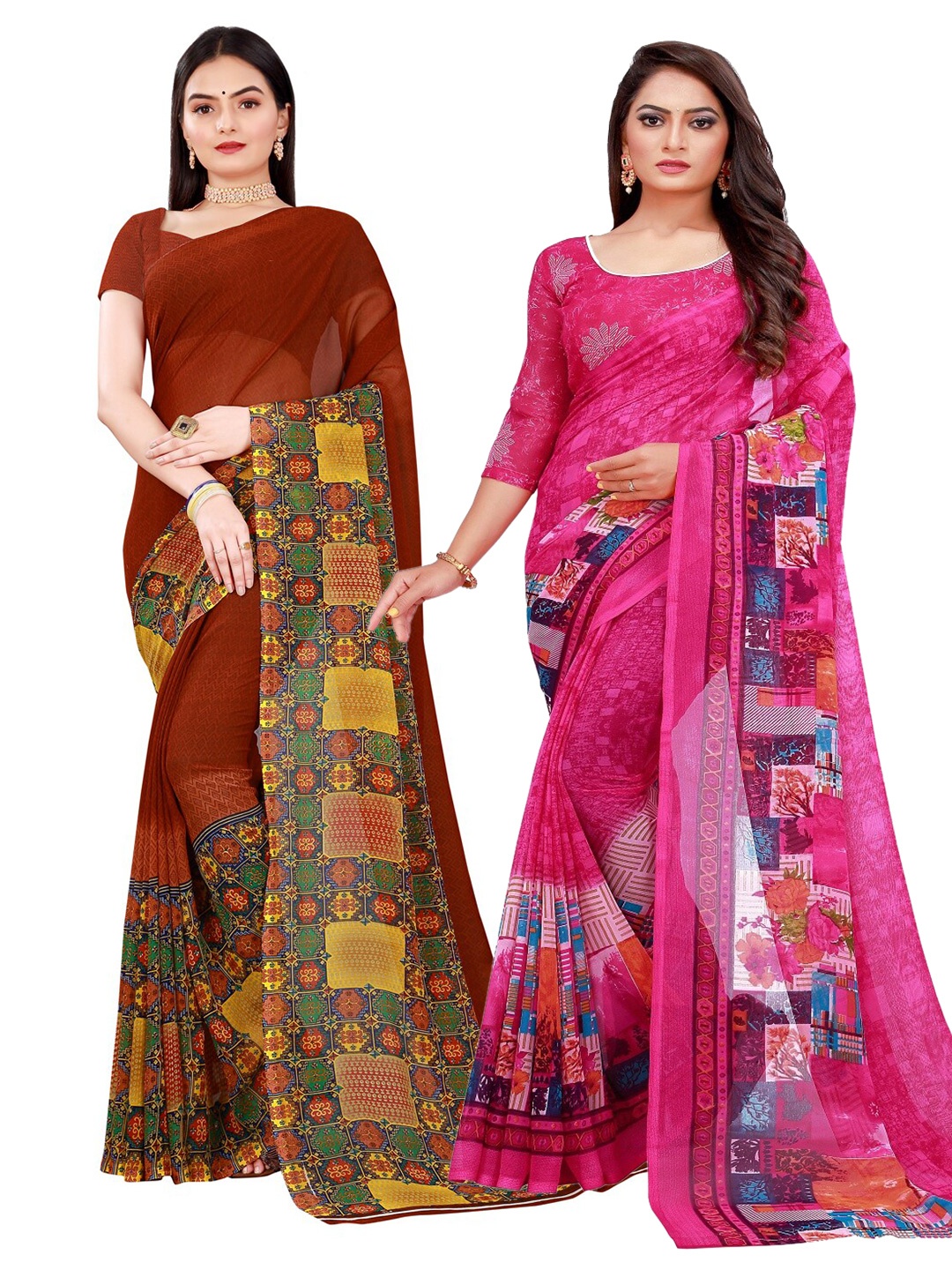 

KALINI Pack of 2 Magenta & Maroon Printed Pure Georgette Saree