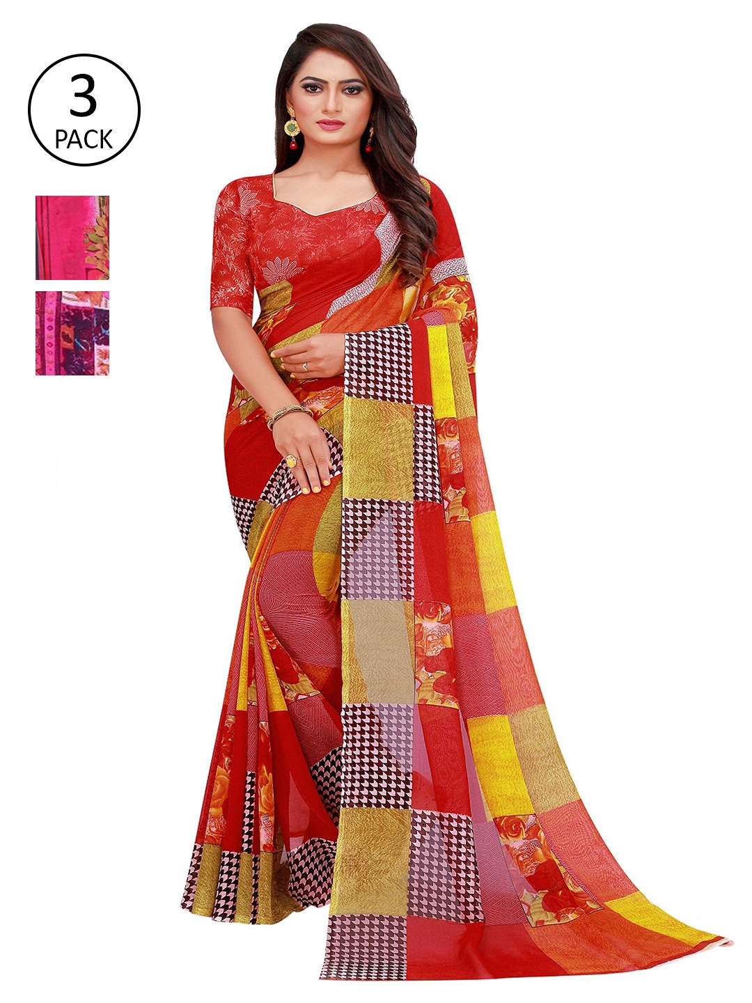 

KALINI Pack of 3 Pure Georgette Sarees, Magenta