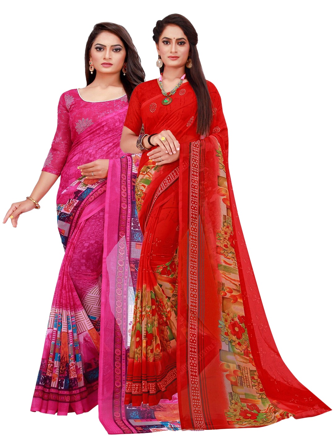 

KALINI Pack Of 2 Red & Magenta Georgette Saree