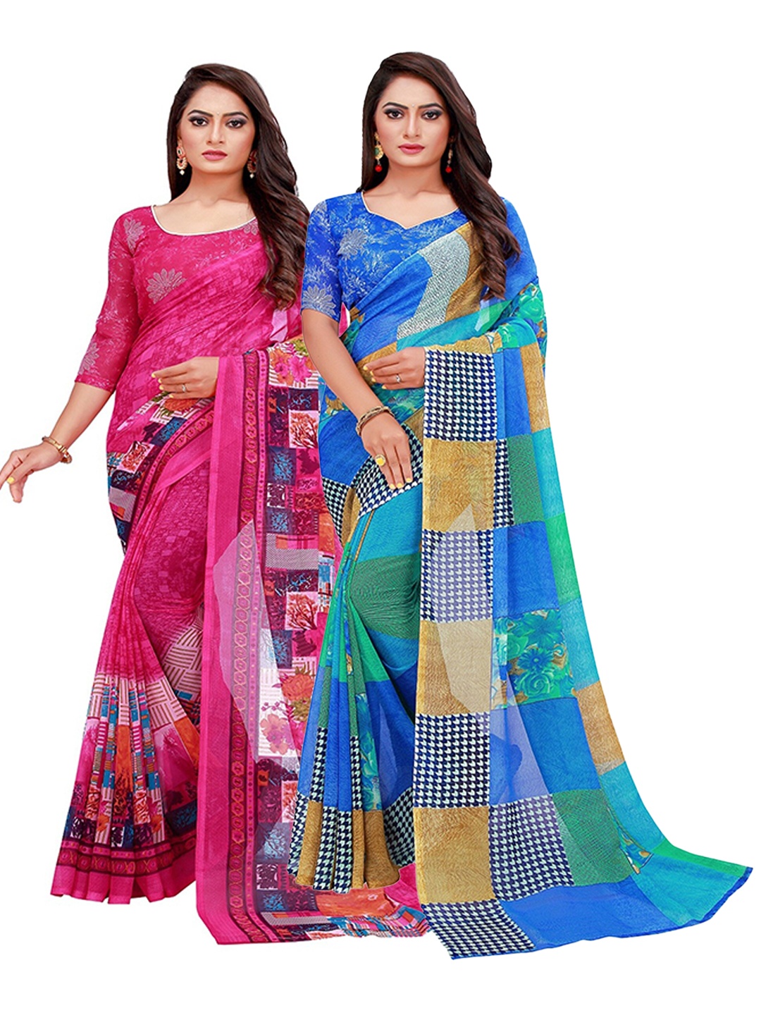 

KALINI Pack of 2 Blue & Magenta Printed Pure Georgette Saree