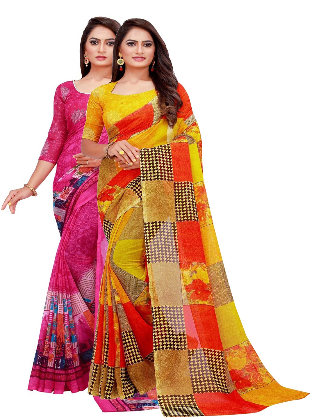 

KALINI Pack of 2 Magenta & Yellow Printed Pure Georgette Saree