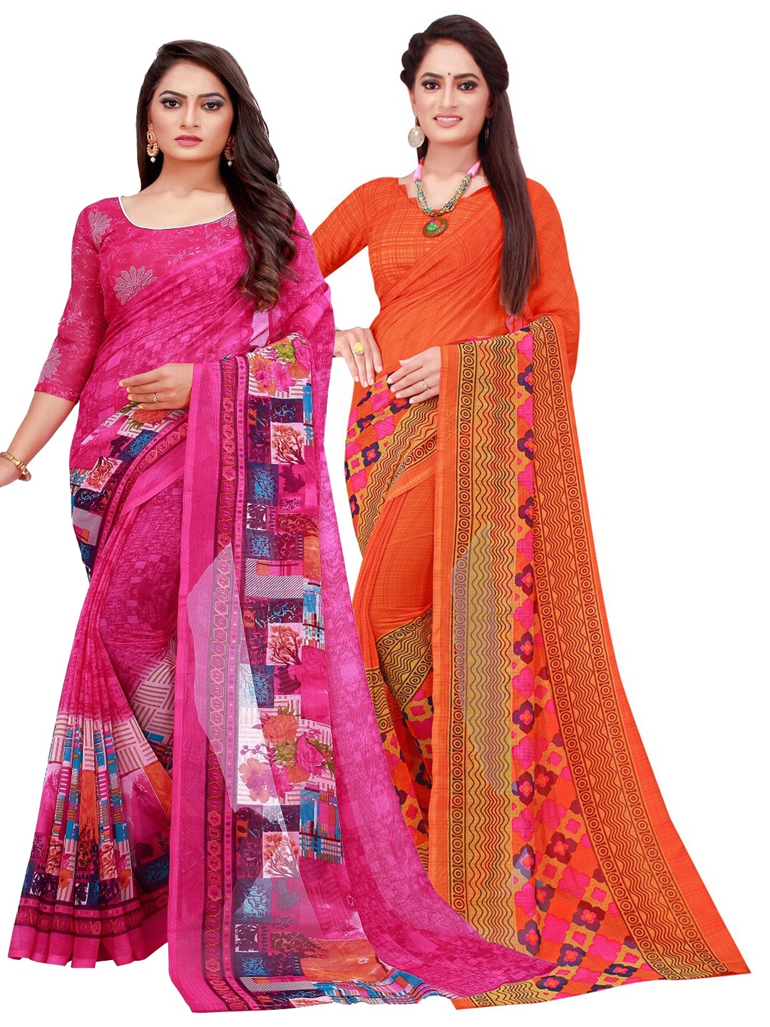 

KALINI Pack Of 2 Orange & Magenta Georgette Saree