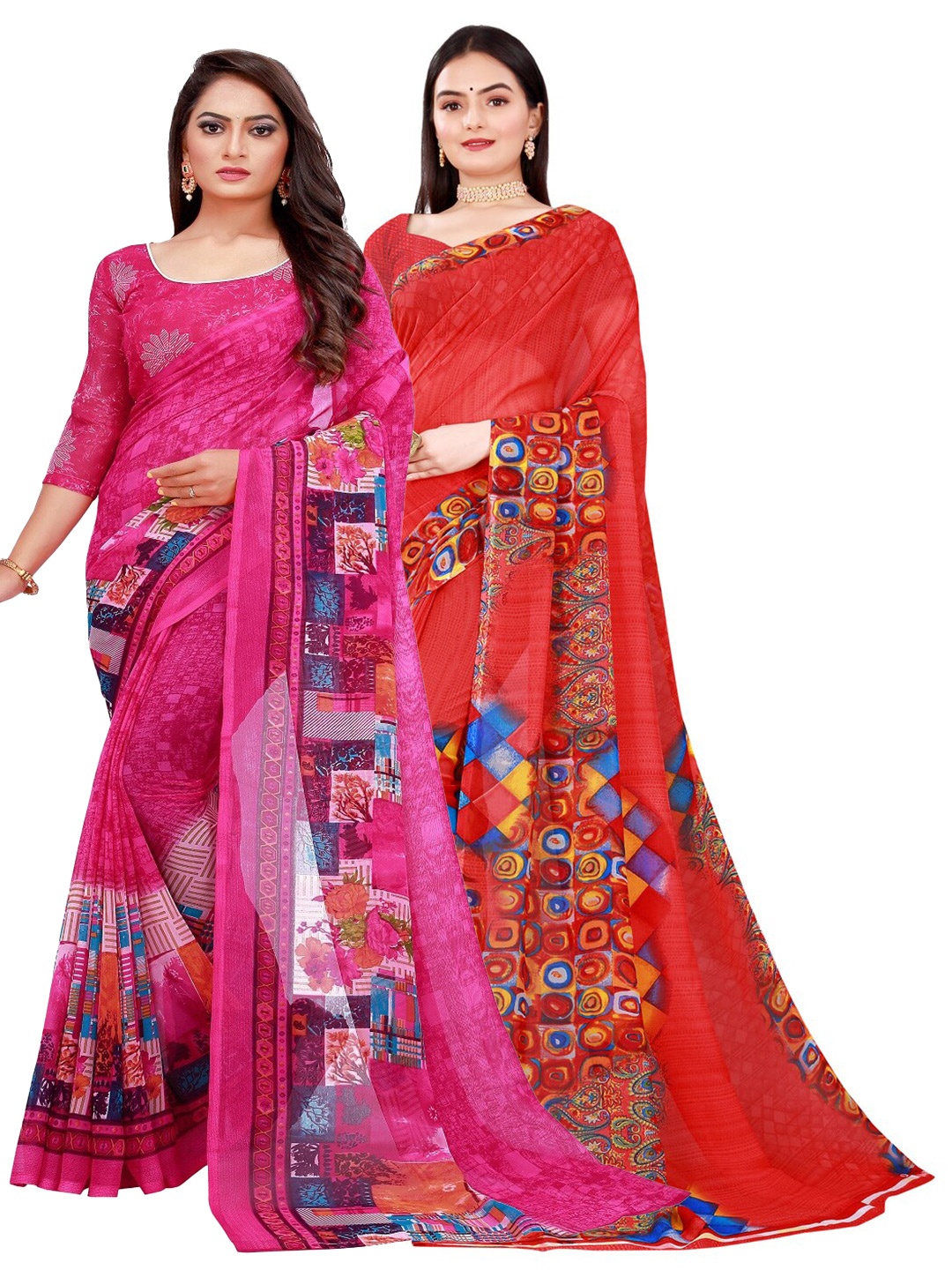 

KALINI Pack of 2 Pure Georgette Sarees, Red