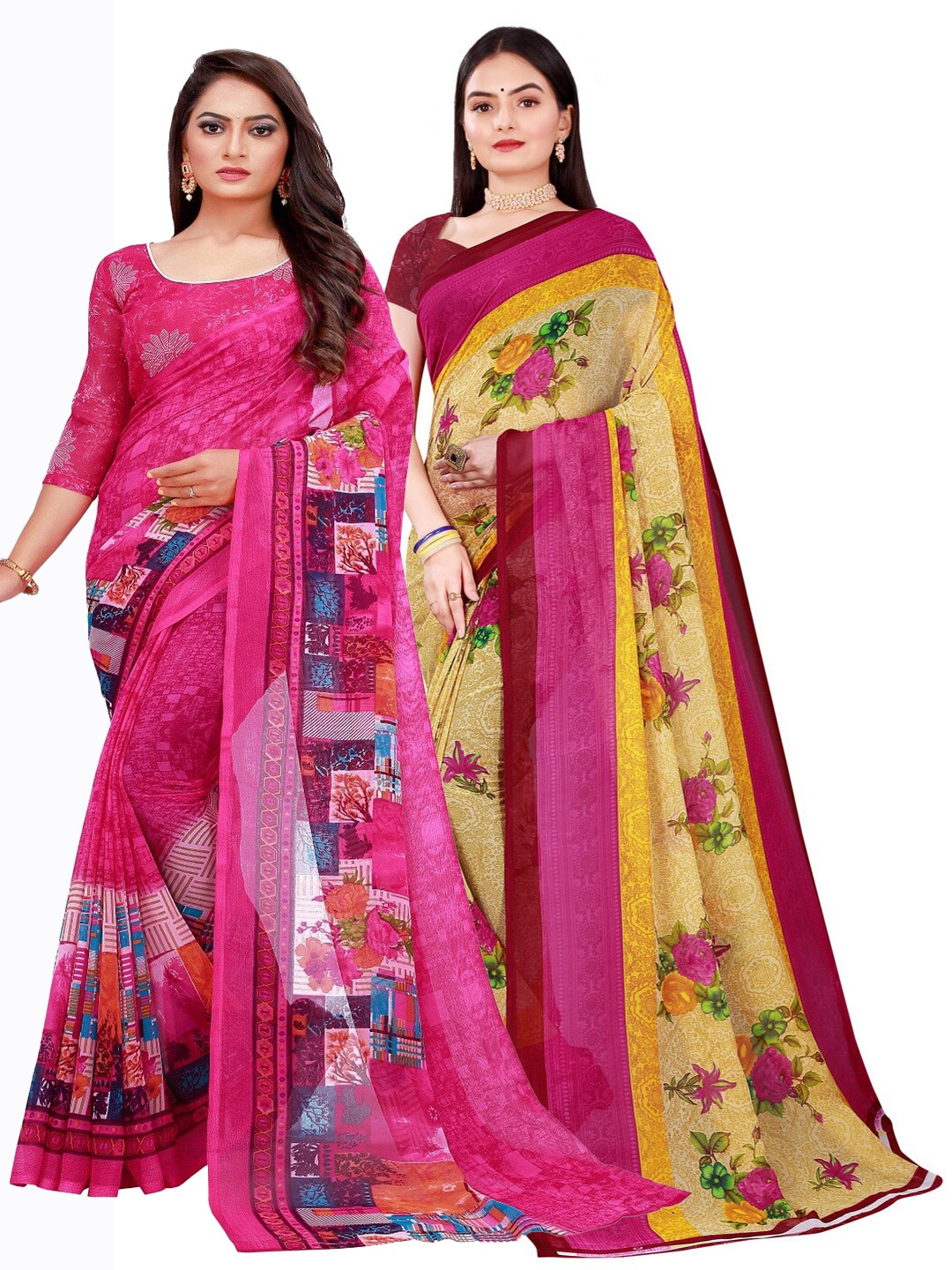 

KALINI Pack Of 2 Beige & Magenta Floral Georgette Saree