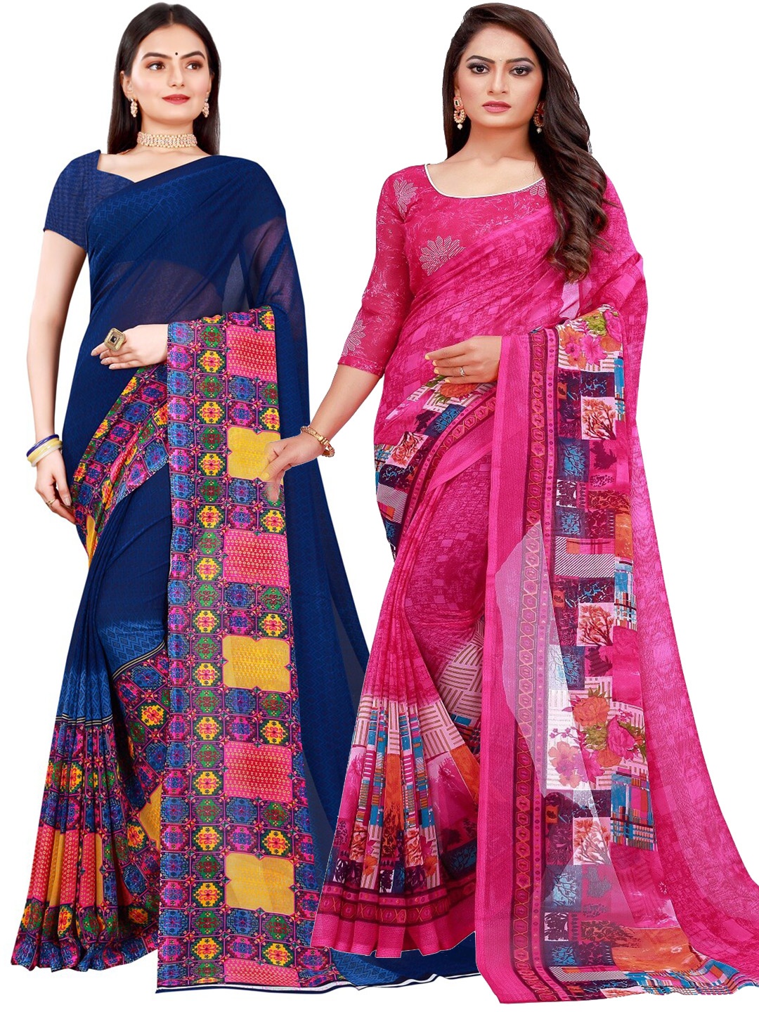 

KALINI Pack of 2 Pure Georgette Sarees, Magenta
