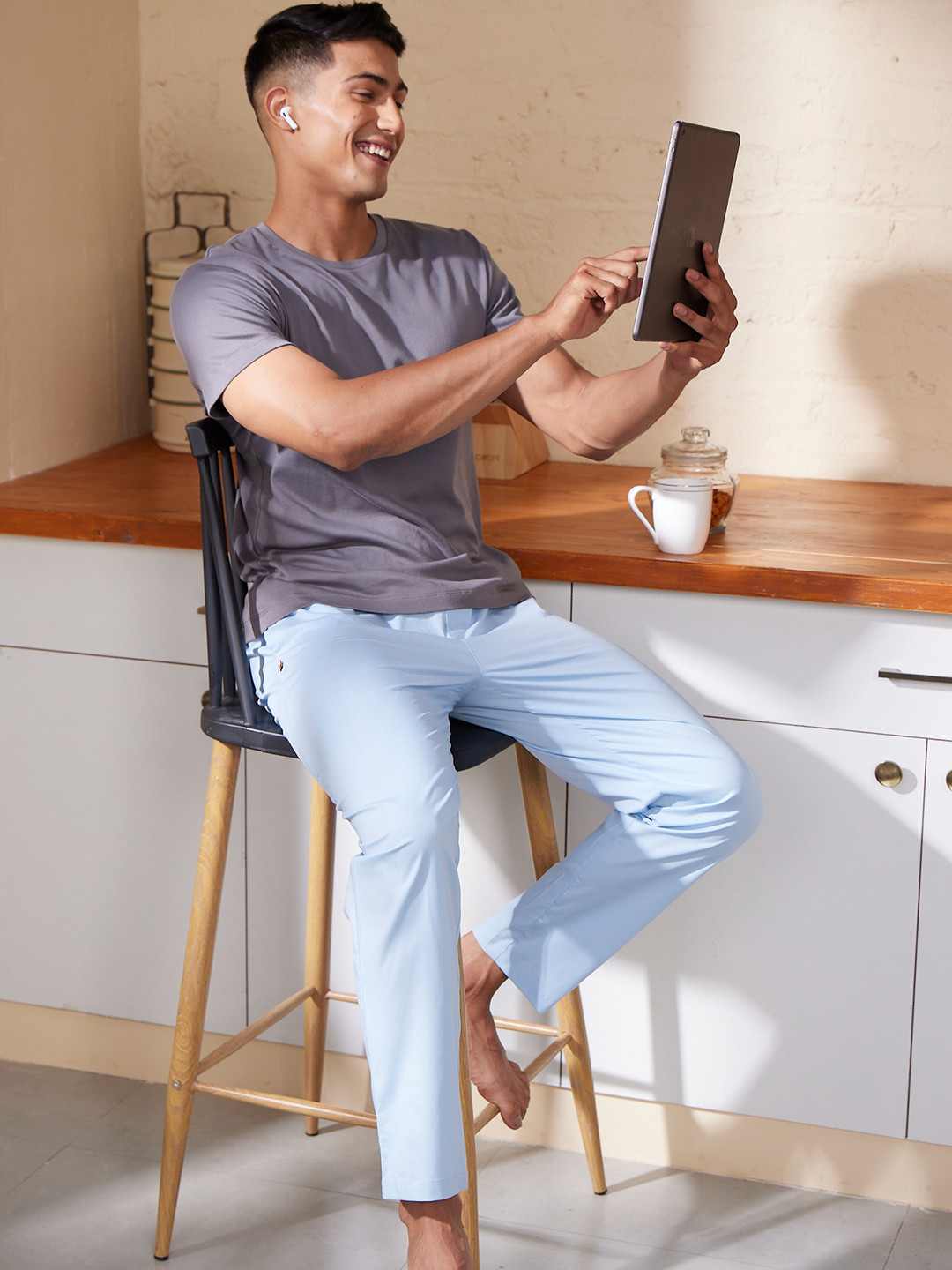 

DAMENSCH Men Stretchable Cotton Tapered Fit Lounge Pants, Blue