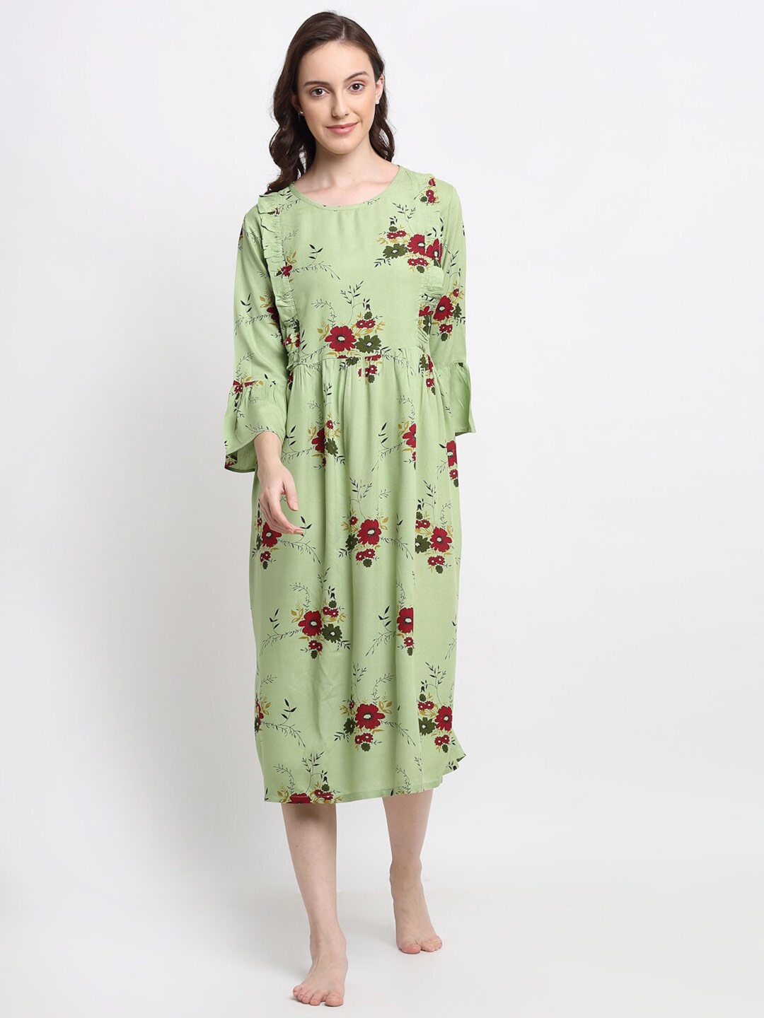 

Katn India Maternity Green Printed Floral Nightdress